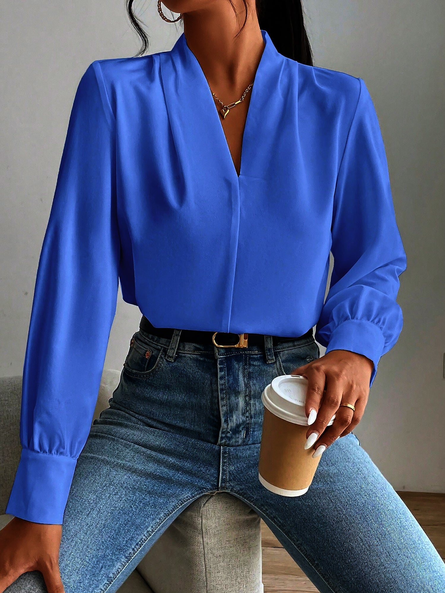 Classic Elegant V Neck Pleated Long Sleeves Solid Color Blouse