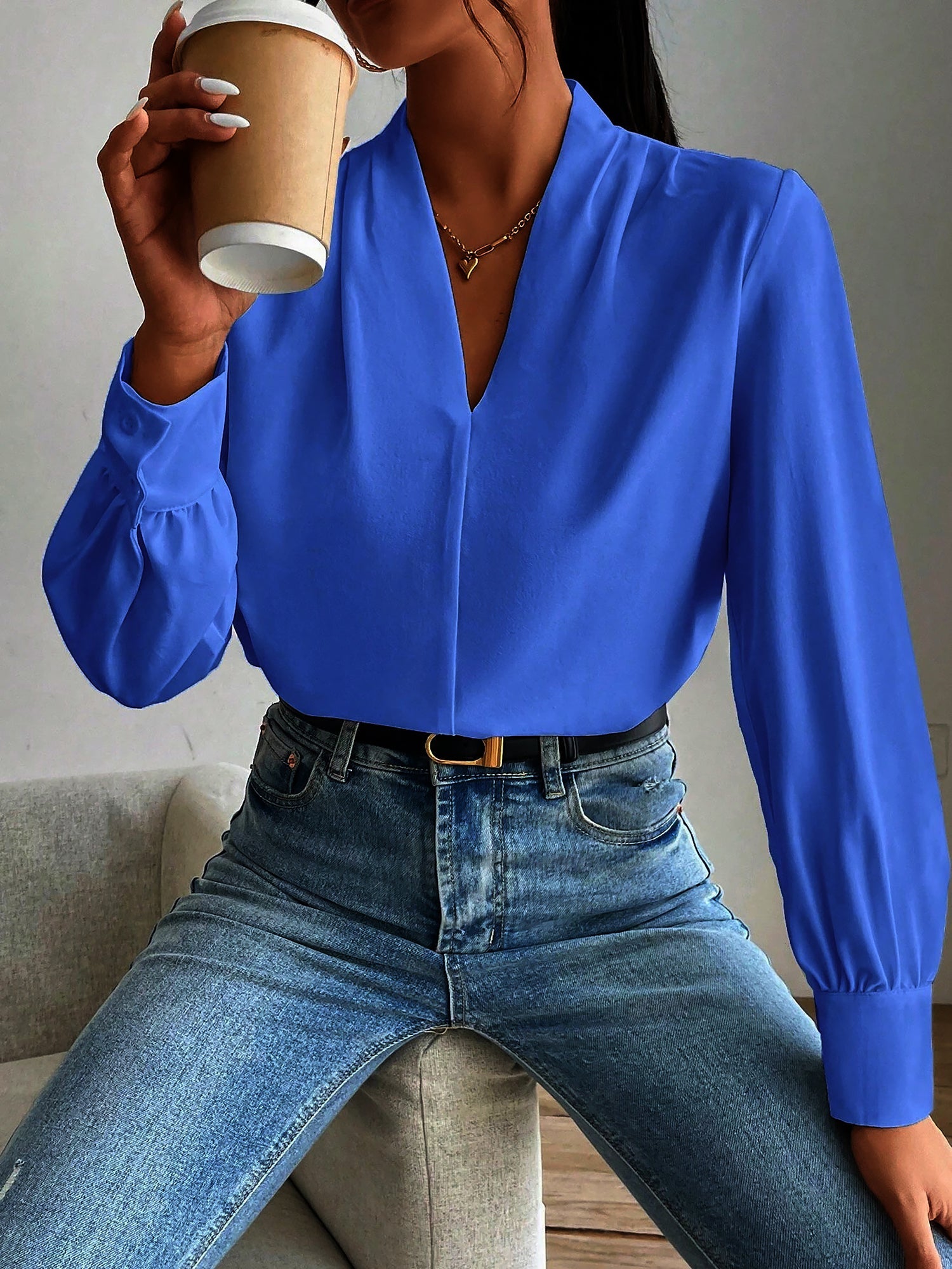 Classic Elegant V Neck Pleated Long Sleeves Solid Color Blouse