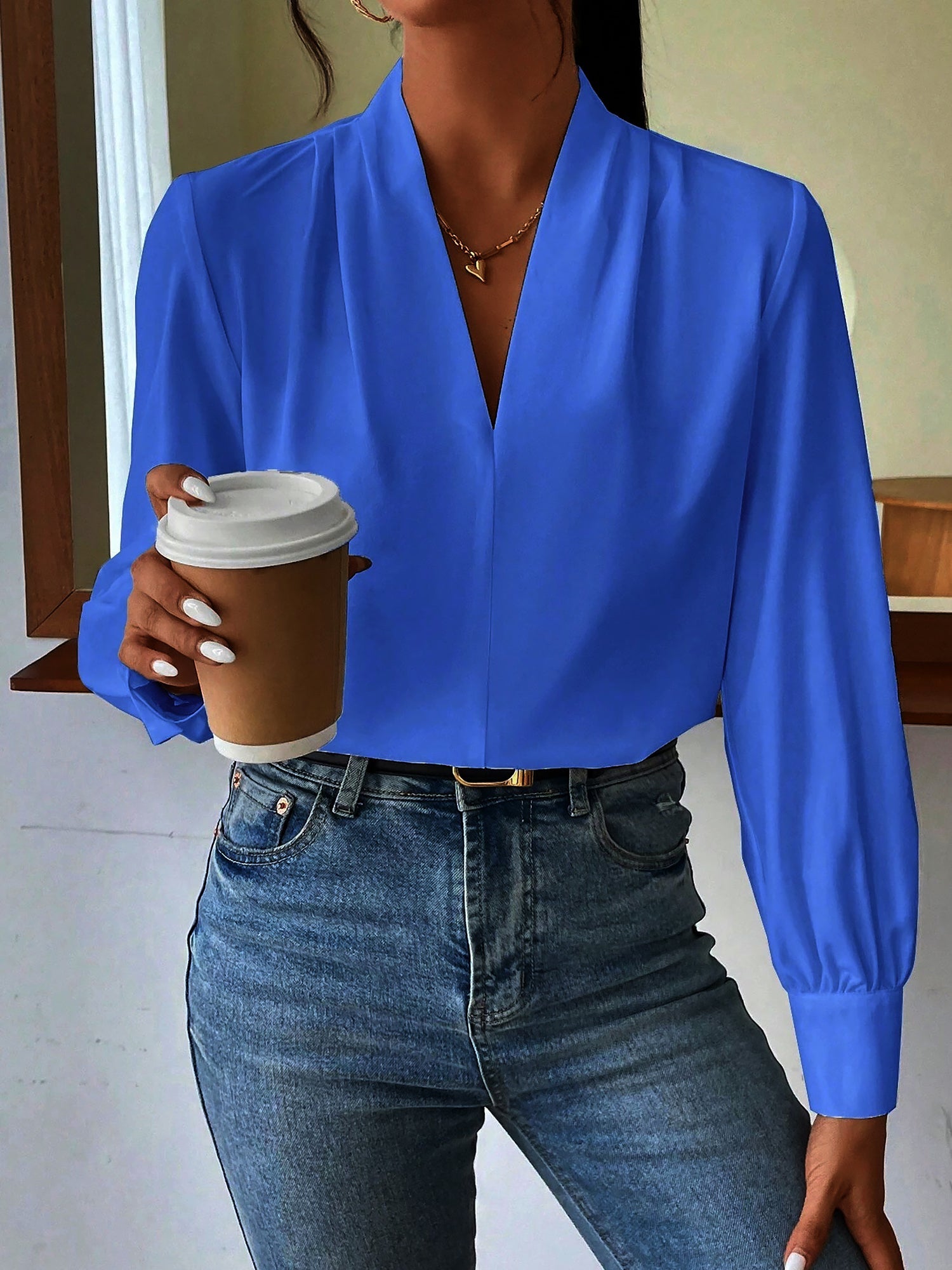 Classic Elegant V Neck Pleated Long Sleeves Solid Color Blouse