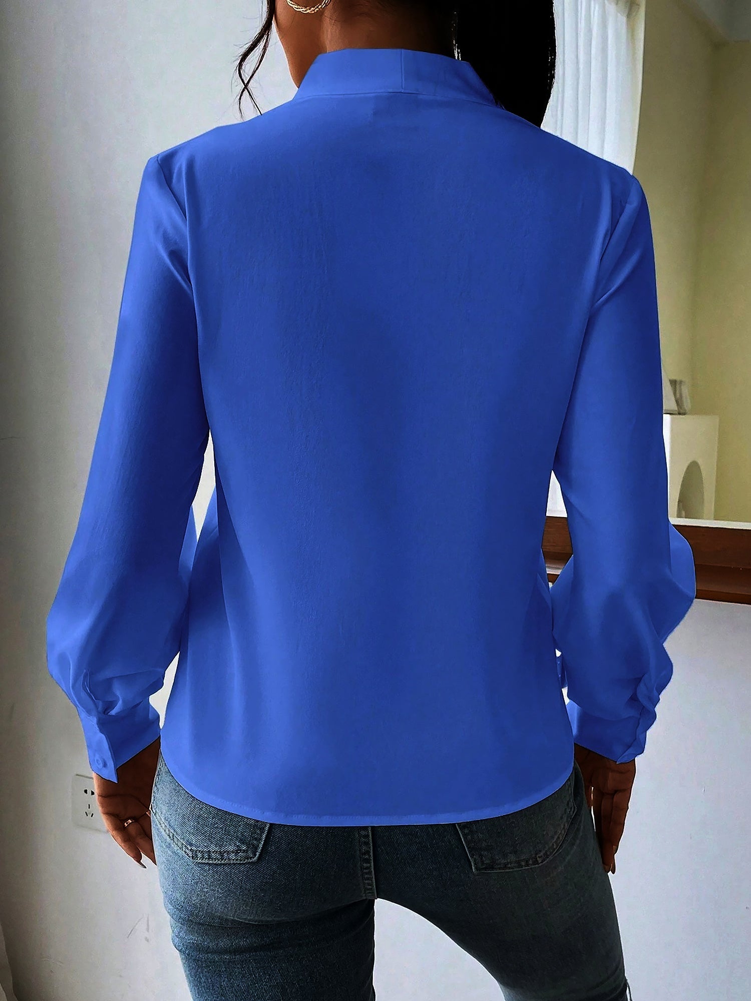 Classic Elegant V Neck Pleated Long Sleeves Solid Color Blouse
