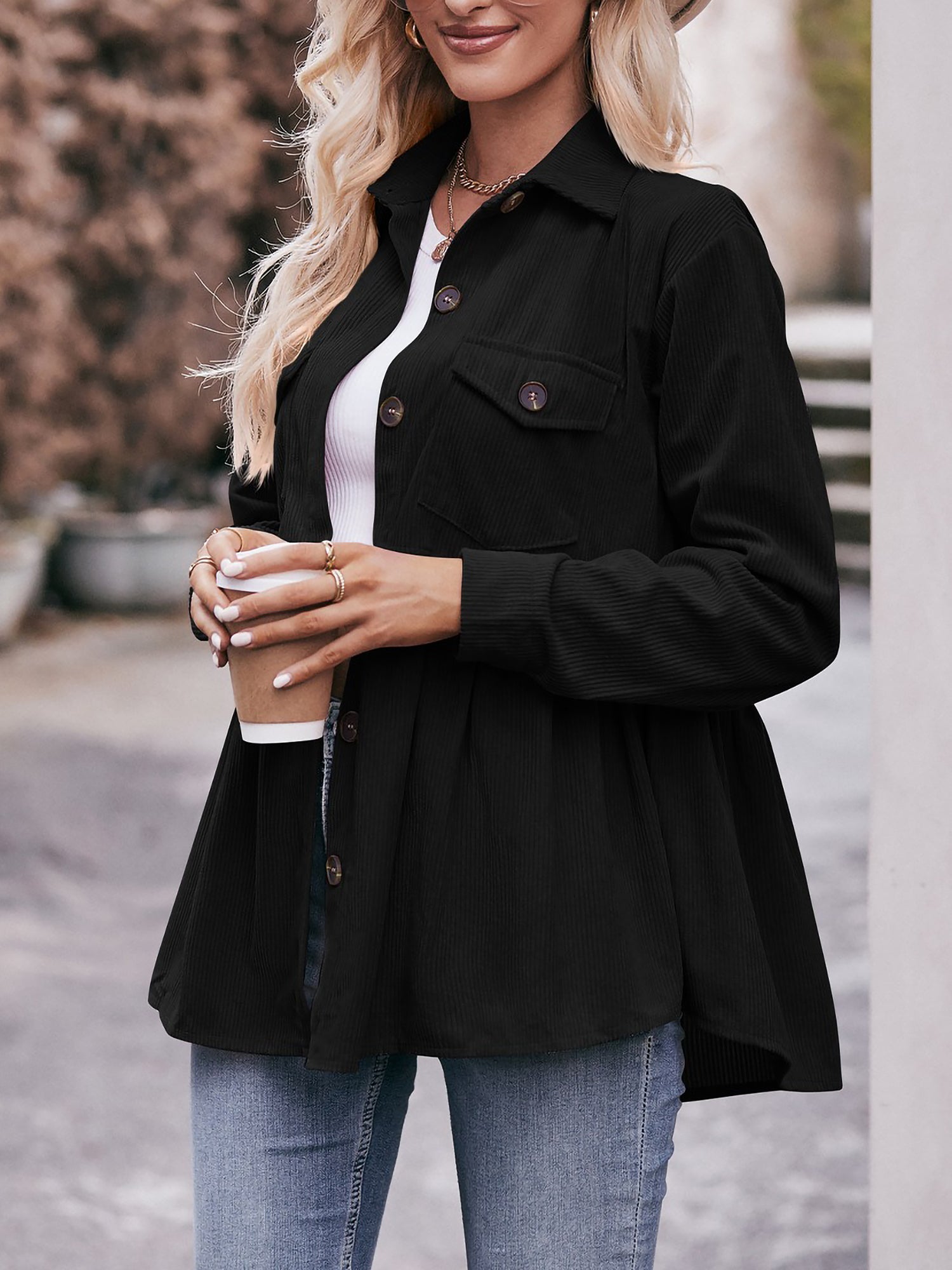 Corduroy Collared Button Down Babydoll Blouse