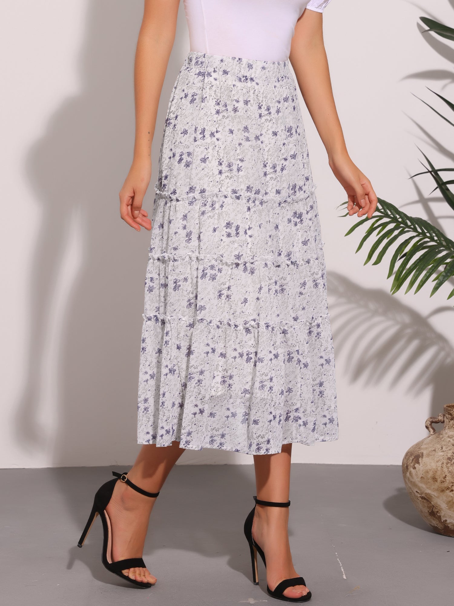 Chiffon Floral Printed Long Tiered Ruffle Boho Midi Skirt