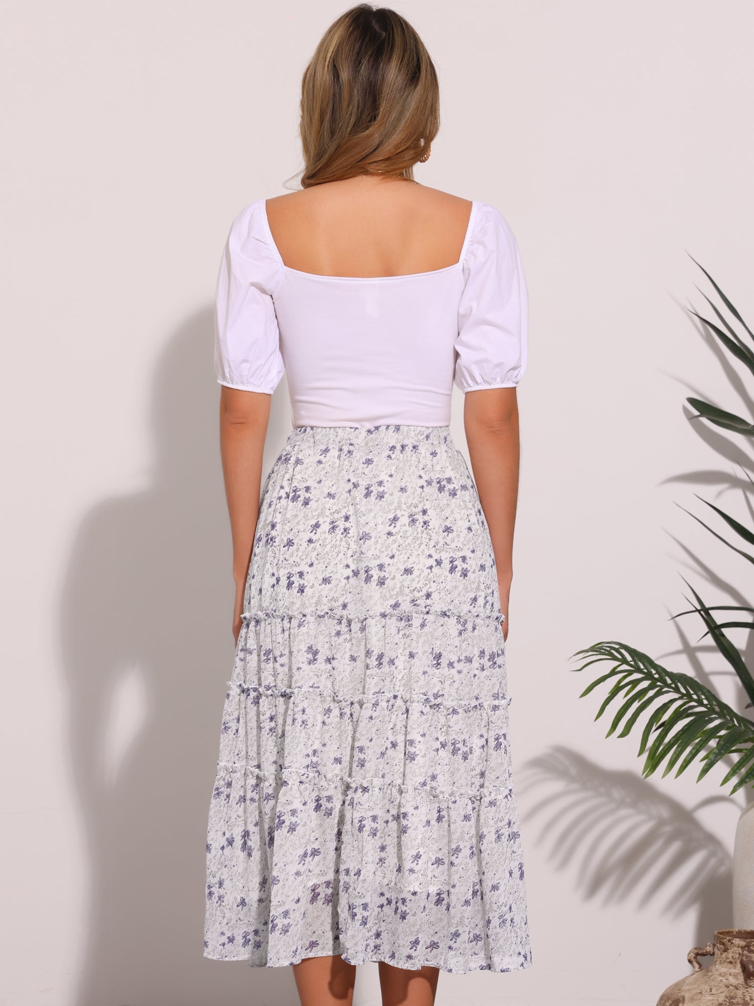 Chiffon Floral Printed Long Tiered Ruffle Boho Midi Skirt