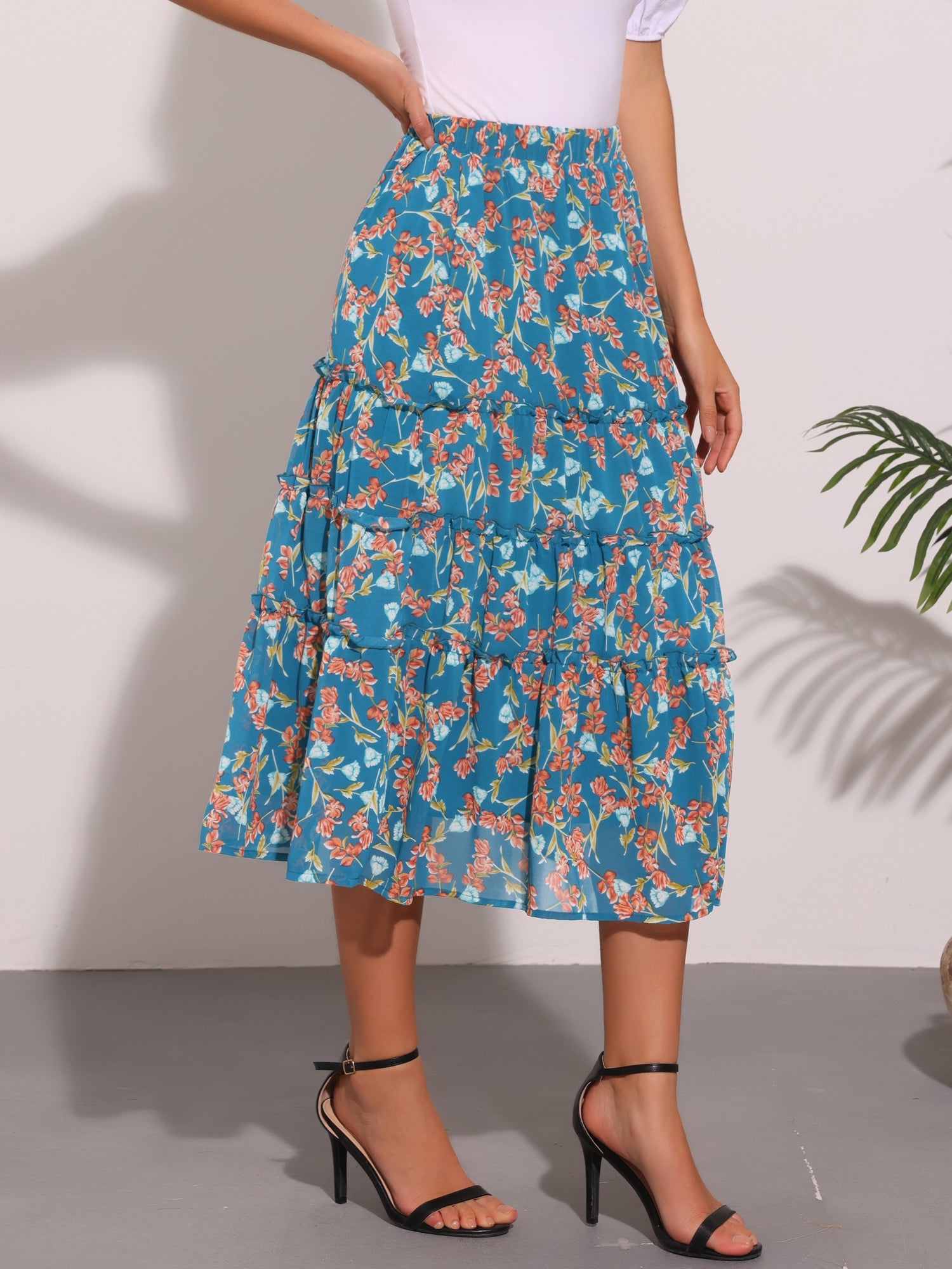 Chiffon Floral Printed Long Tiered Ruffle Boho Midi Skirt