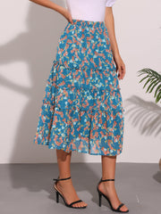 Chiffon Floral Printed Long Tiered Ruffle Boho Midi Skirt