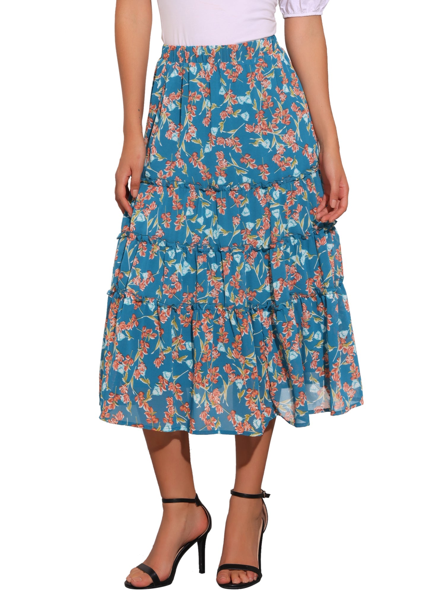 Chiffon Floral Printed Long Tiered Ruffle Boho Midi Skirt