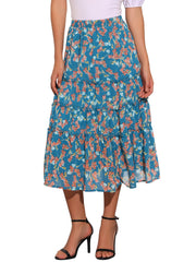 Chiffon Floral Printed Long Tiered Ruffle Boho Midi Skirt