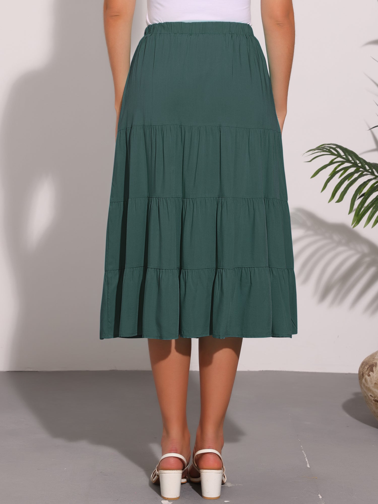 Midi Solid Elastic Waist Flare Tiered Long Pockets A-Line Skirt