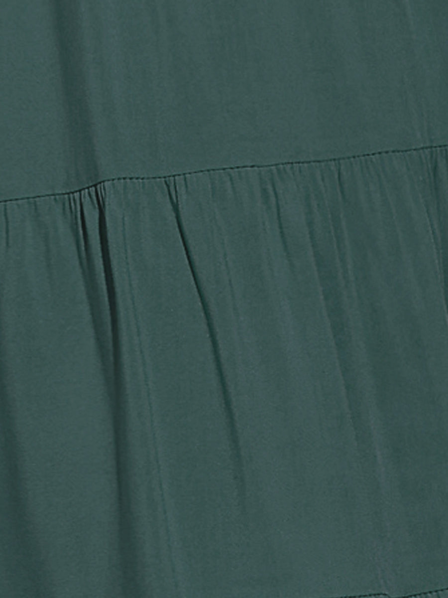 Midi Solid Elastic Waist Flare Tiered Long Pockets A-Line Skirt