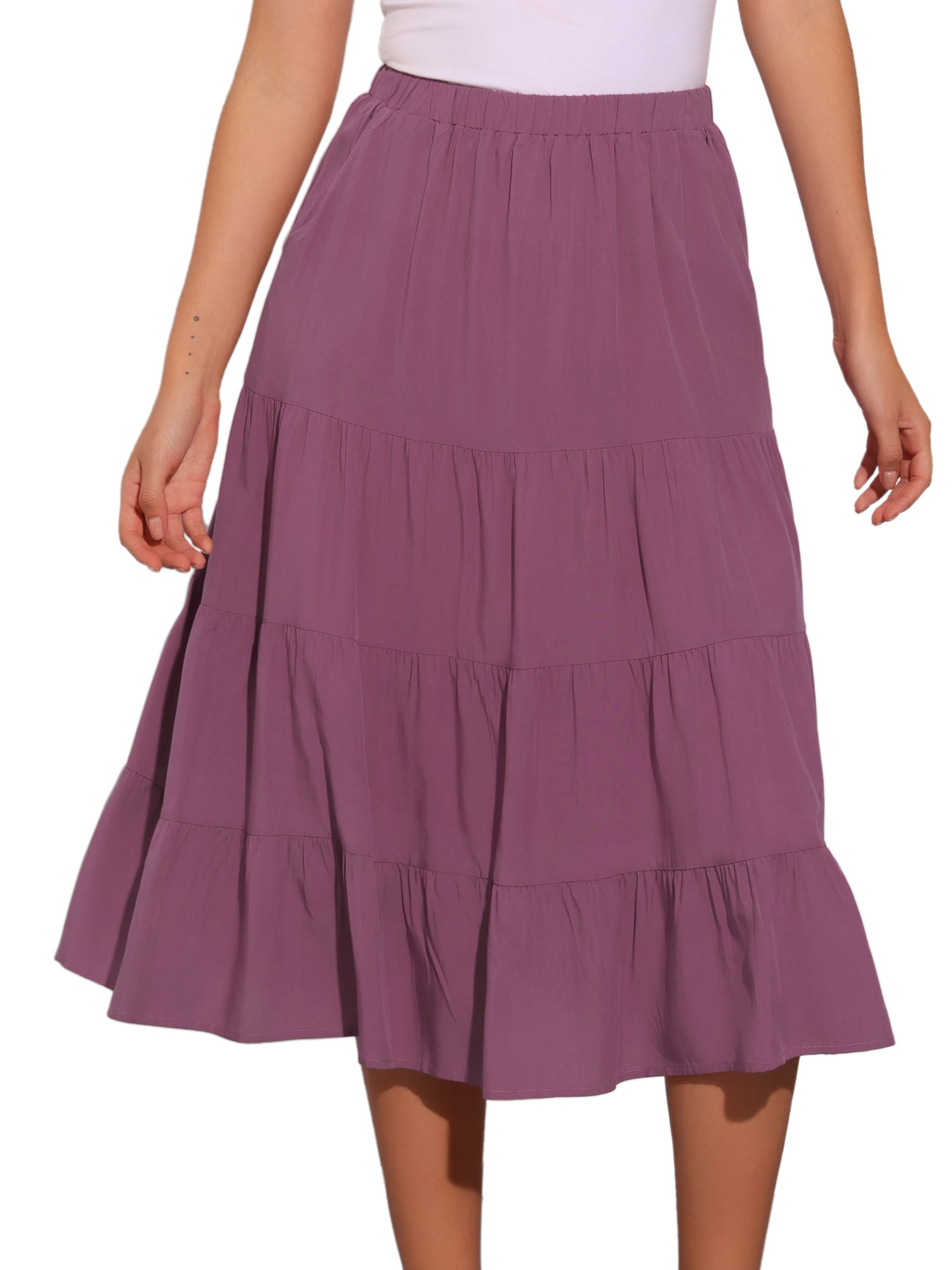 Midi Solid Elastic Waist Flare Tiered Long Pockets A-Line Skirt