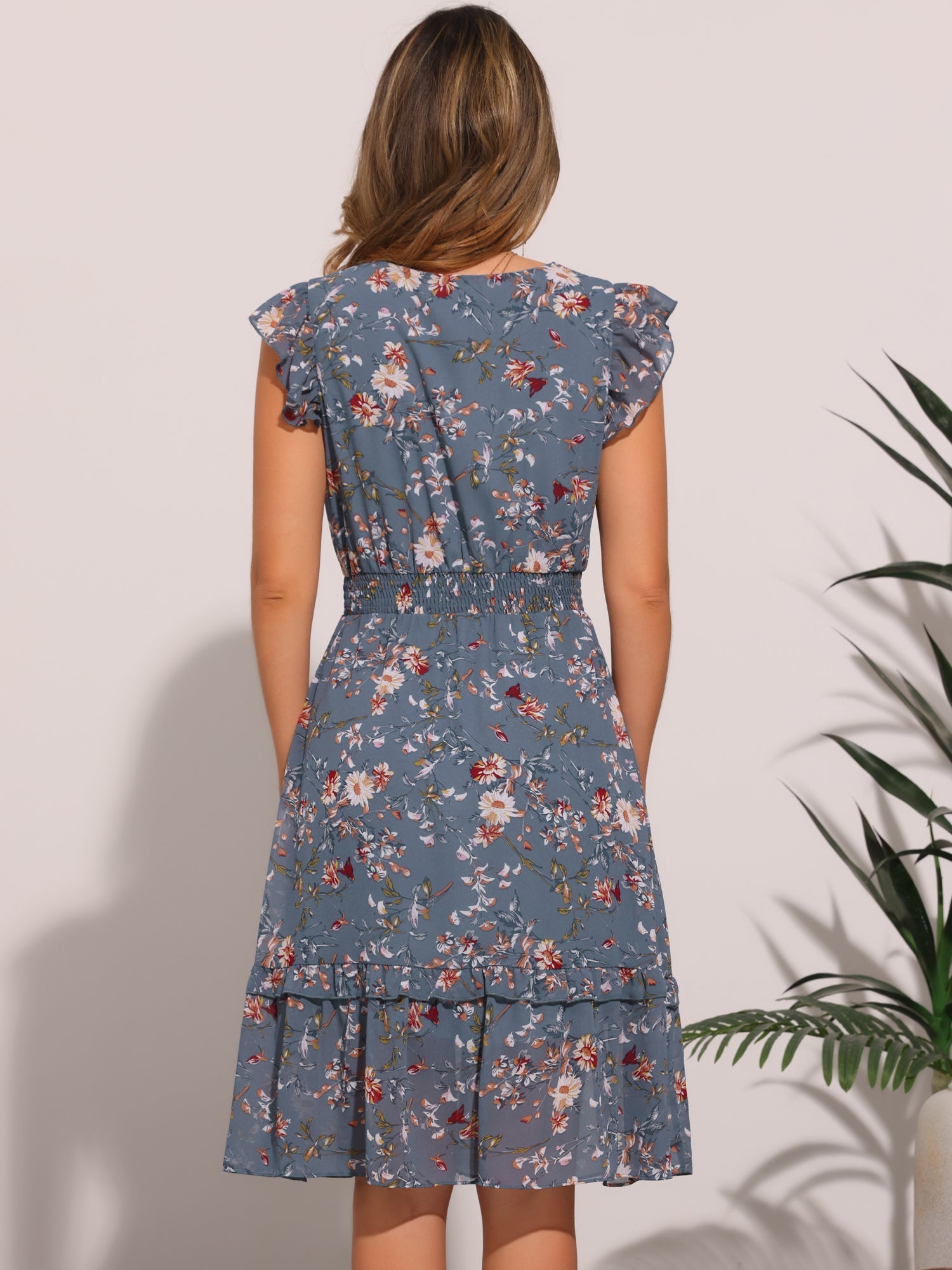 Floral Flutter Sleeve V Neck Smocked Ruffle Dress