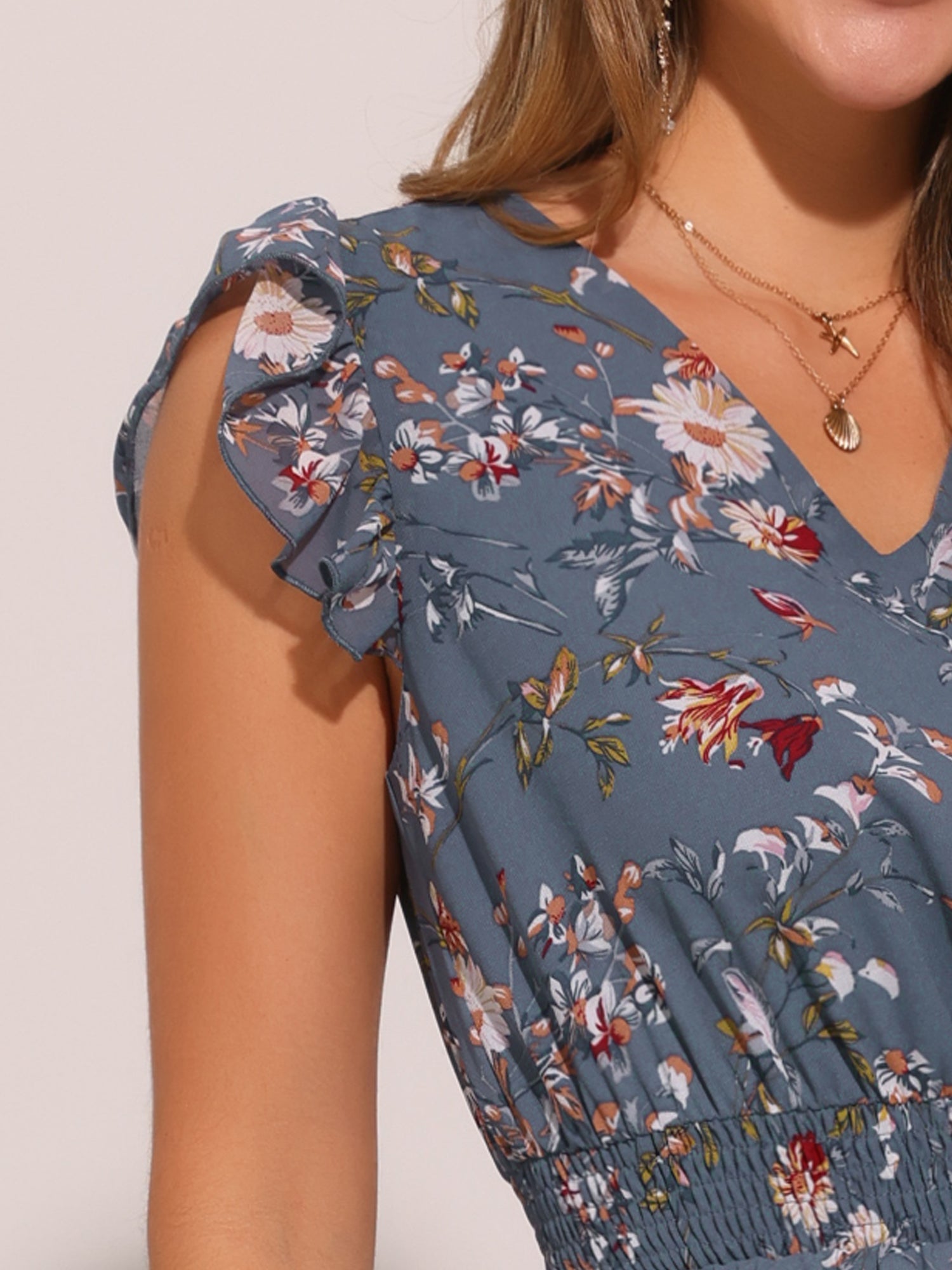 Floral Flutter Sleeve V Neck Smocked Ruffle Dress