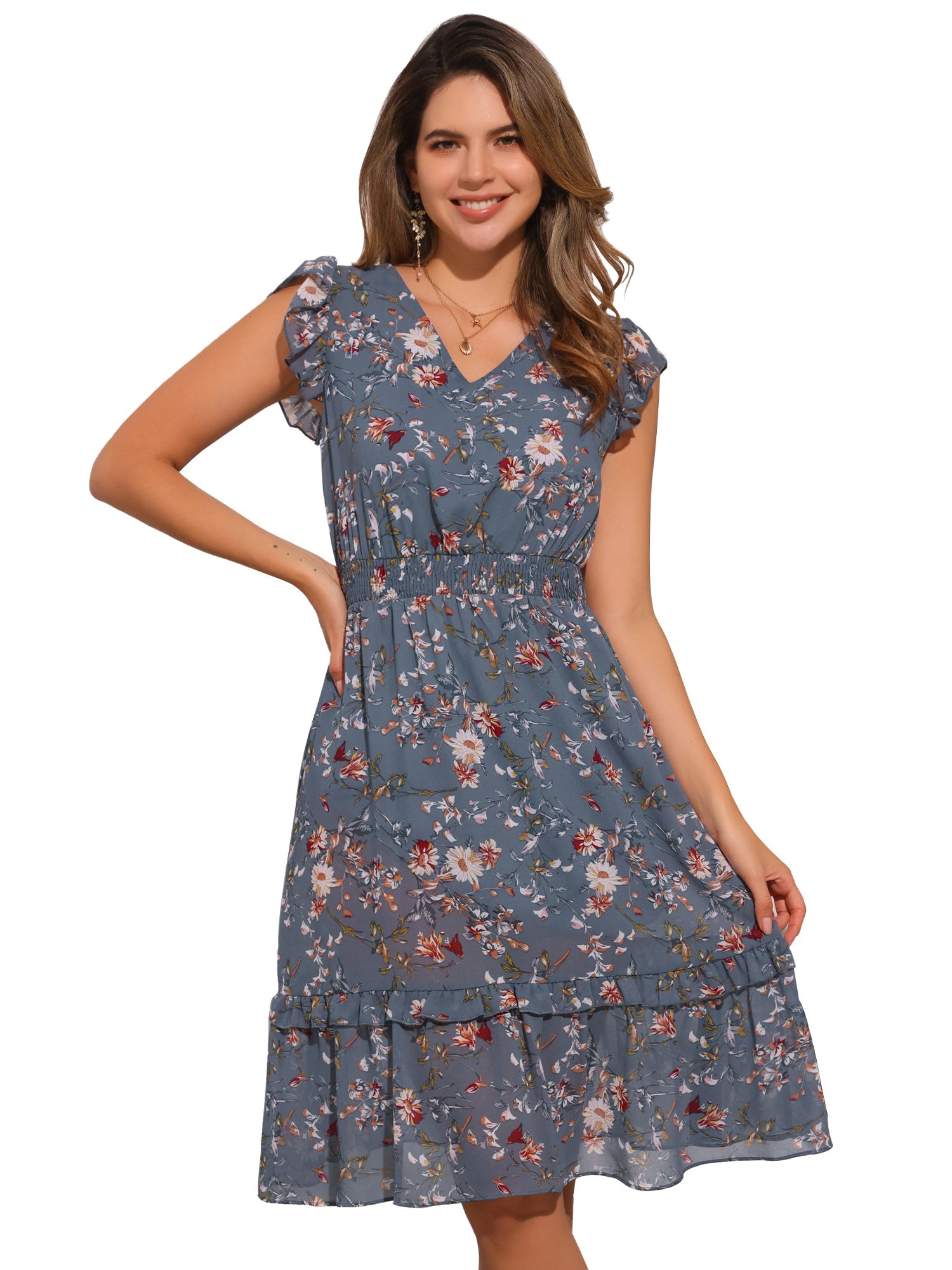 Floral Flutter Sleeve V Neck Smocked Ruffle Dress