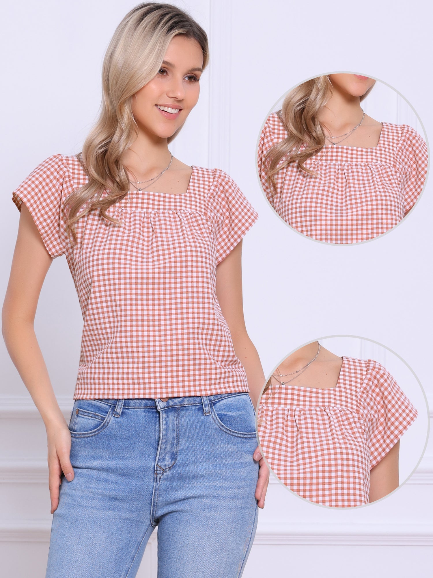 Square Neck Short Sleeves Gingham Plaid Blouse