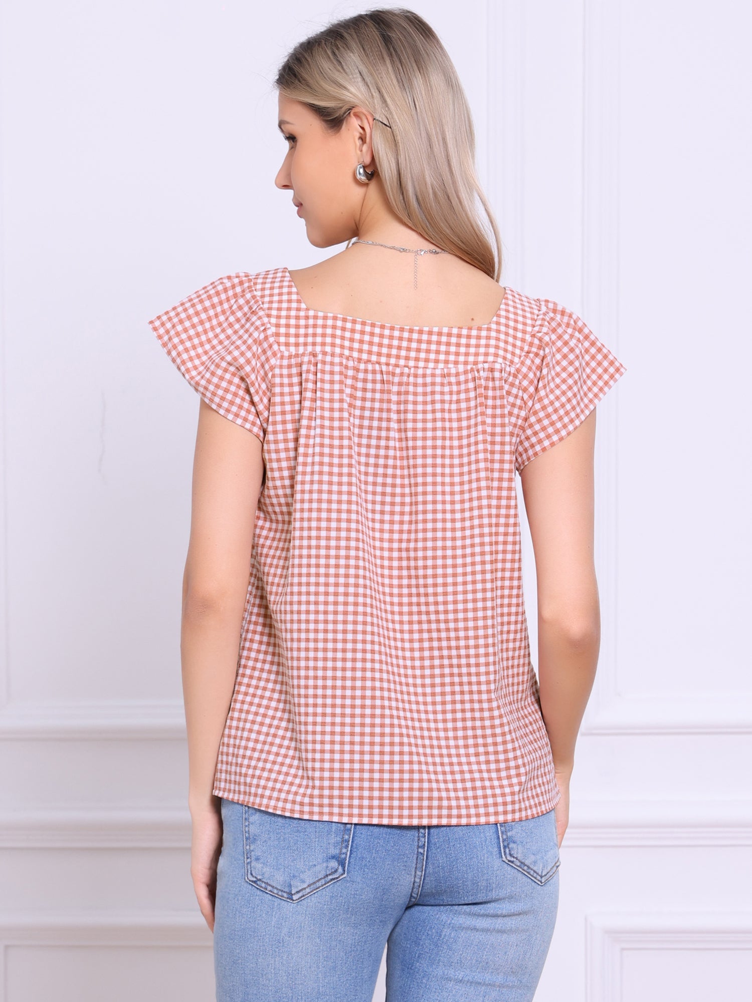 Square Neck Short Sleeves Gingham Plaid Blouse