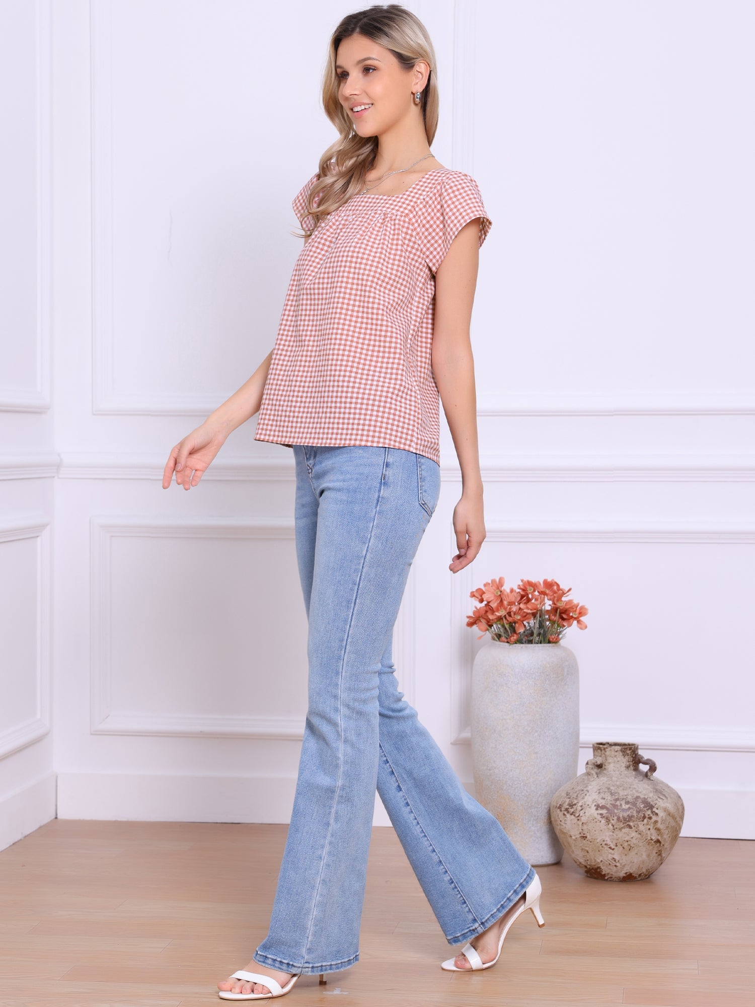 Square Neck Short Sleeves Gingham Plaid Blouse