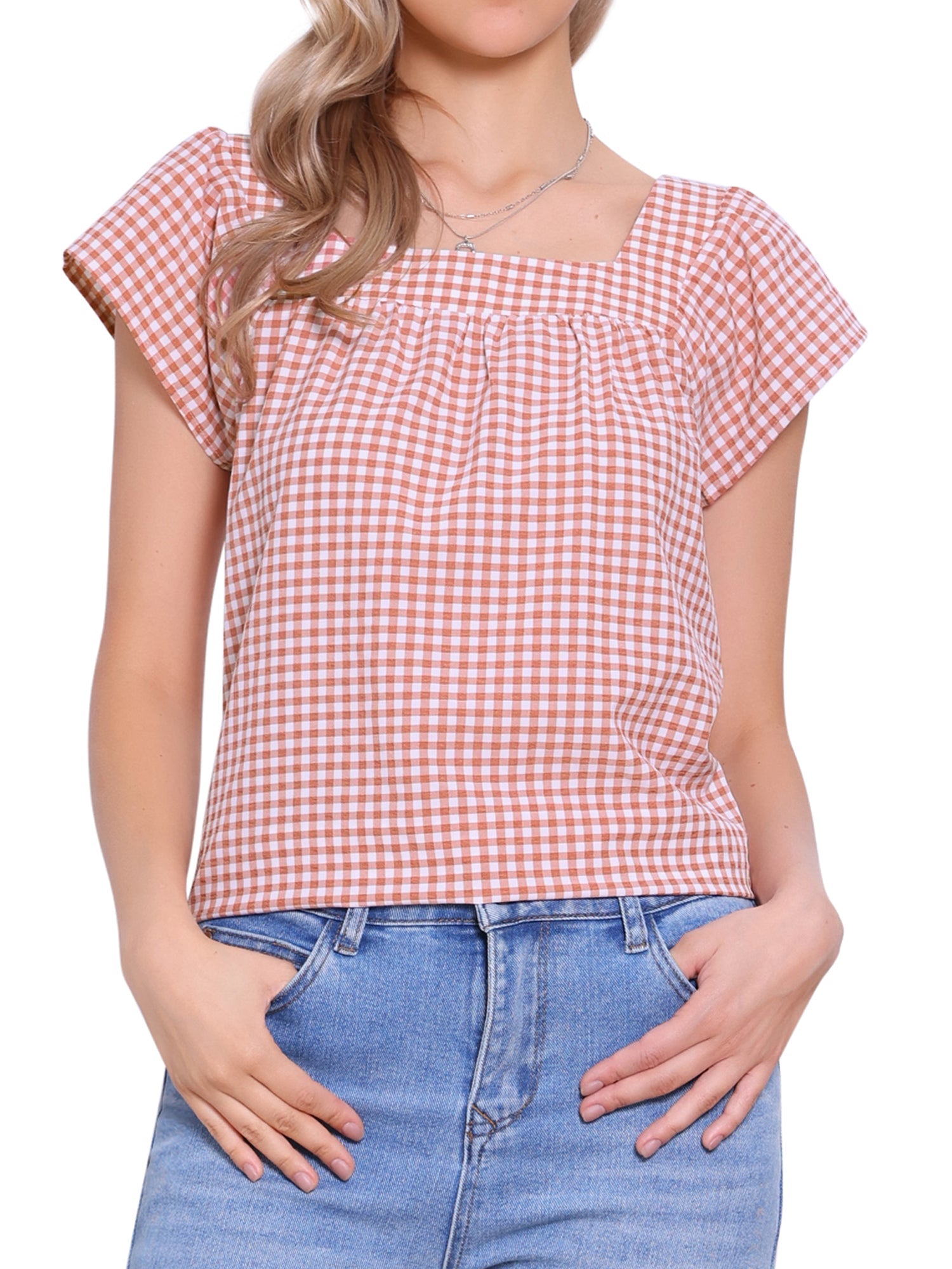 Square Neck Short Sleeves Gingham Plaid Blouse