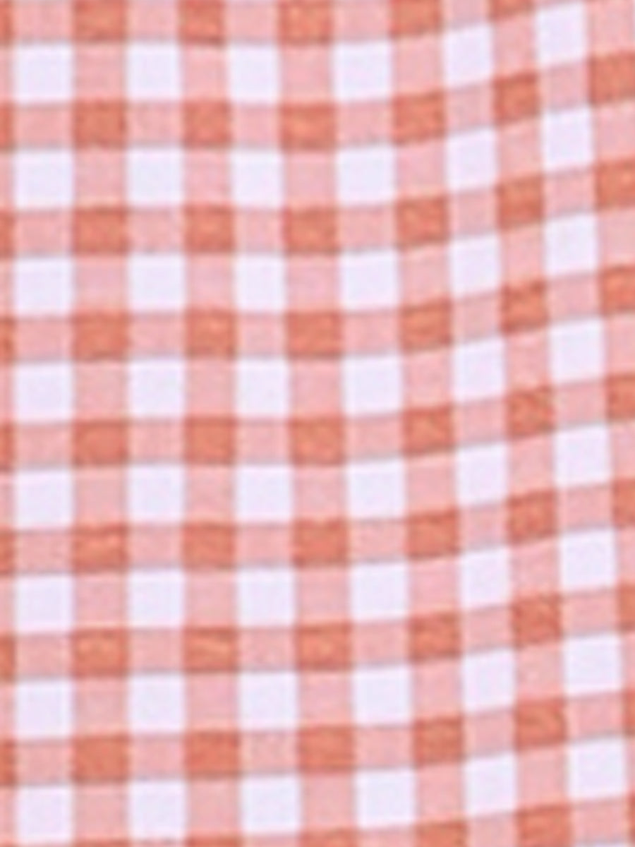 Square Neck Short Sleeves Gingham Plaid Blouse