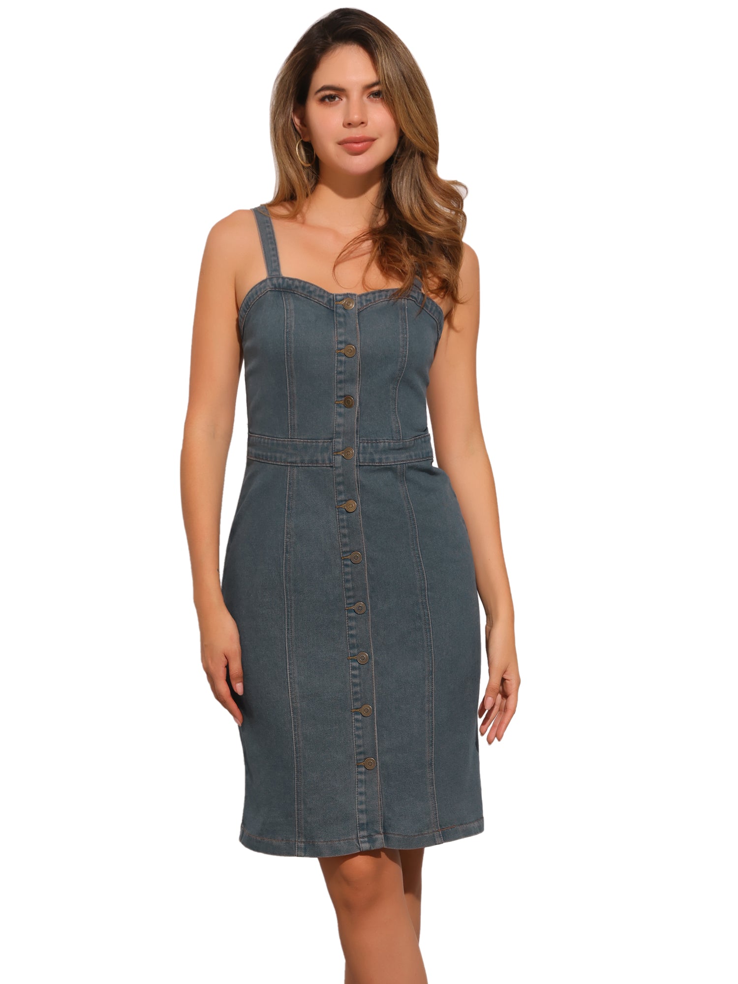 Button Down Denim Sleeveless Sweetheart Neck Jeans Dress