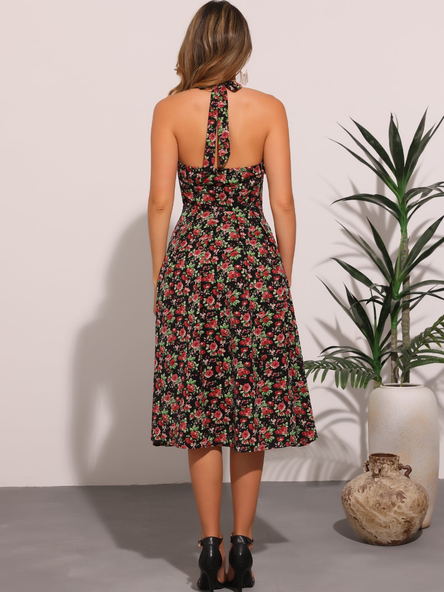 Halter Neck Floral Summer Sundress Sleeveless Lace Up Midi Dress