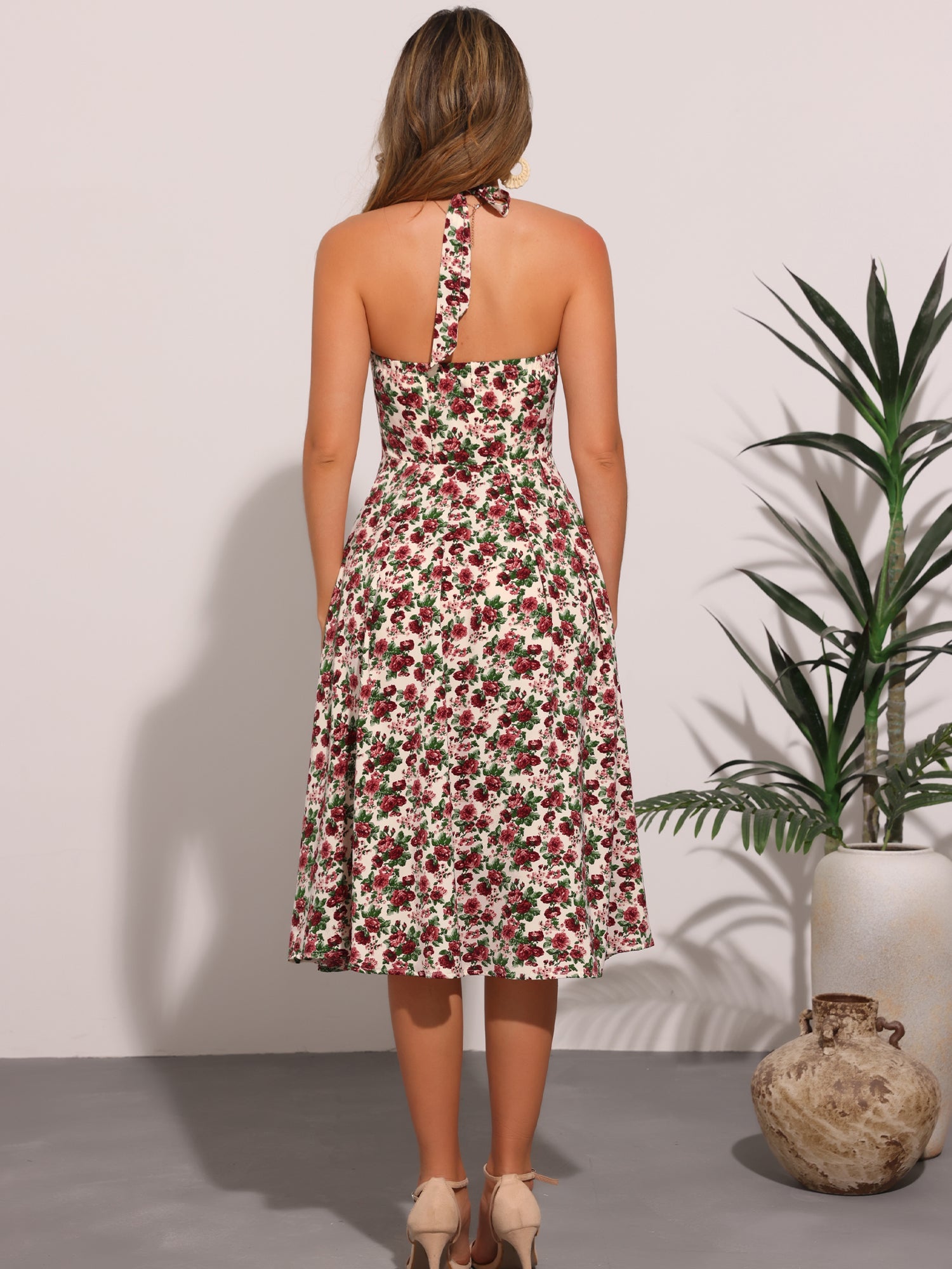 Halter Neck Floral Summer Sundress Sleeveless Lace Up Midi Dress