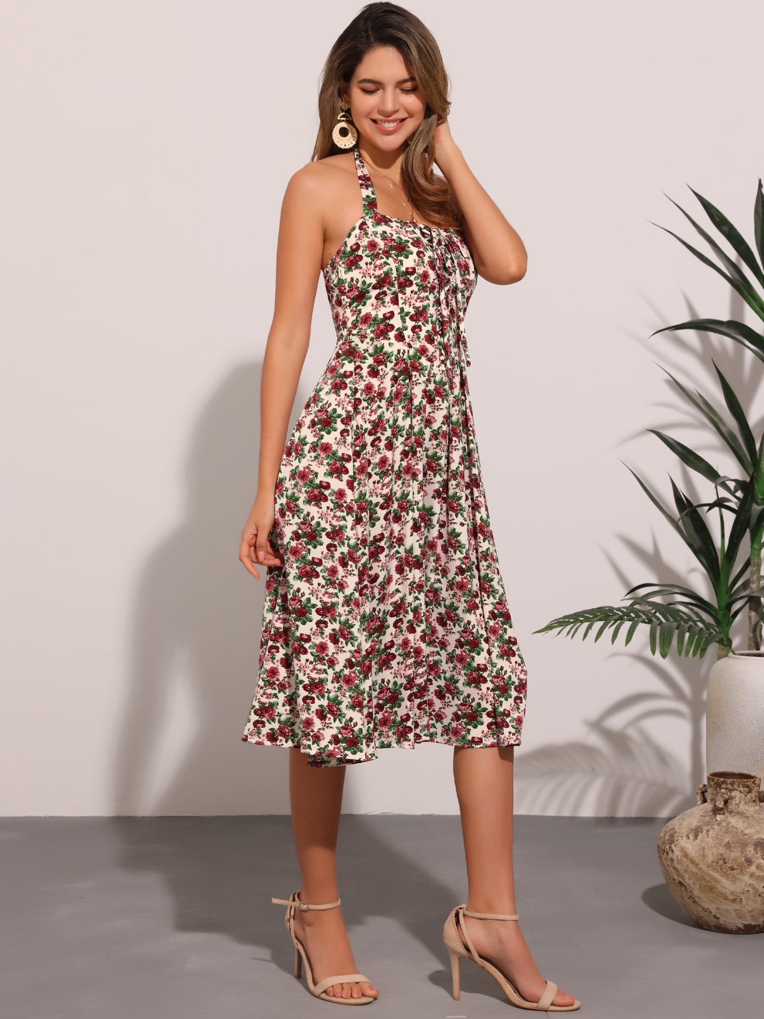 Halter Neck Floral Summer Sundress Sleeveless Lace Up Midi Dress
