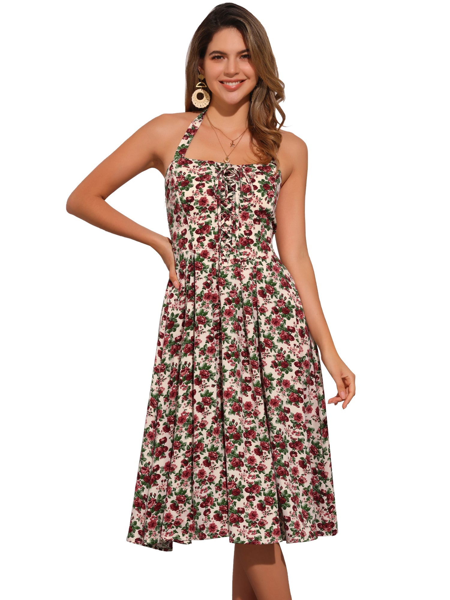 Halter Neck Floral Summer Sundress Sleeveless Lace Up Midi Dress