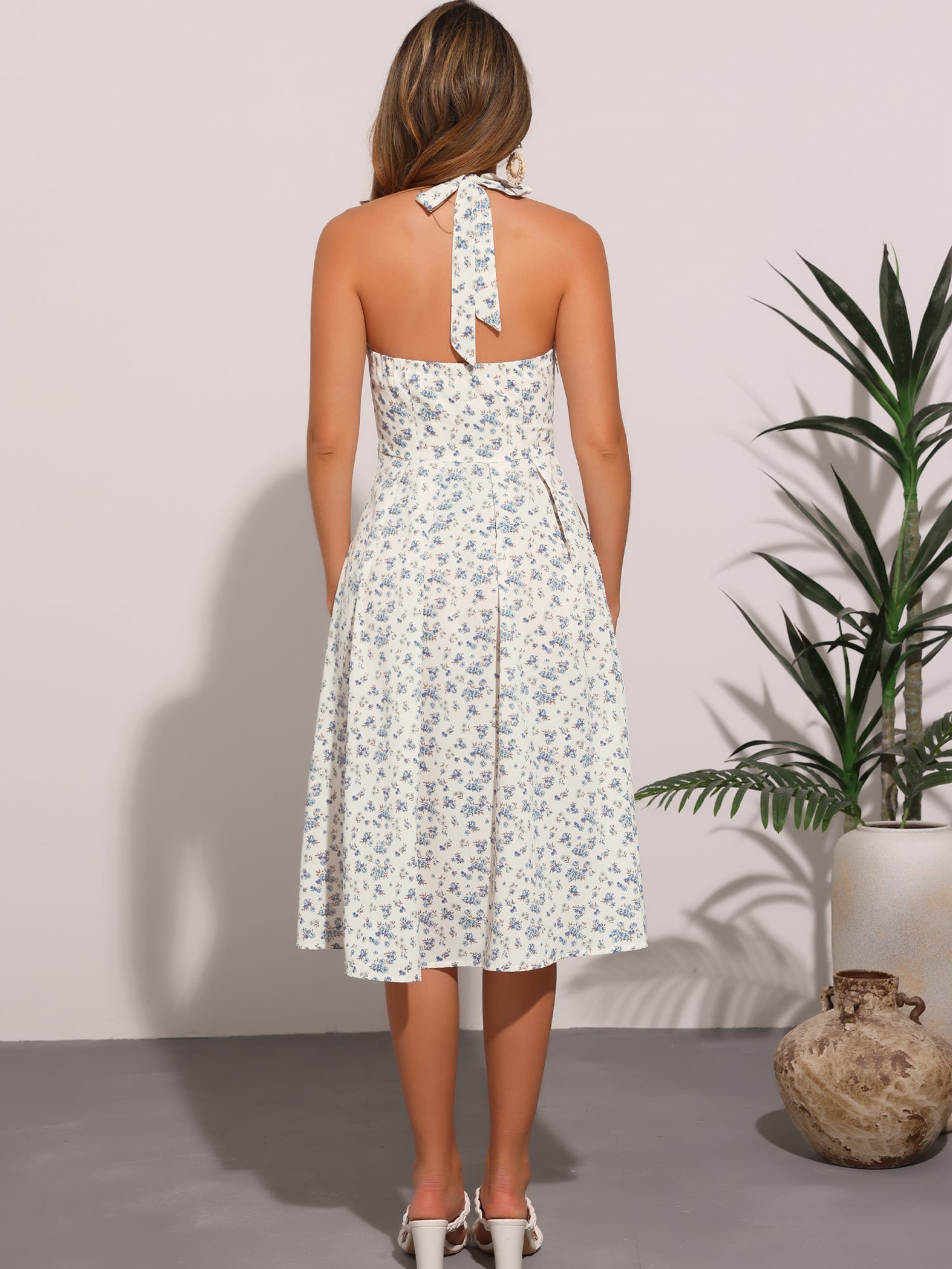Halter Neck Floral Summer Sundress Sleeveless Lace Up Midi Dress