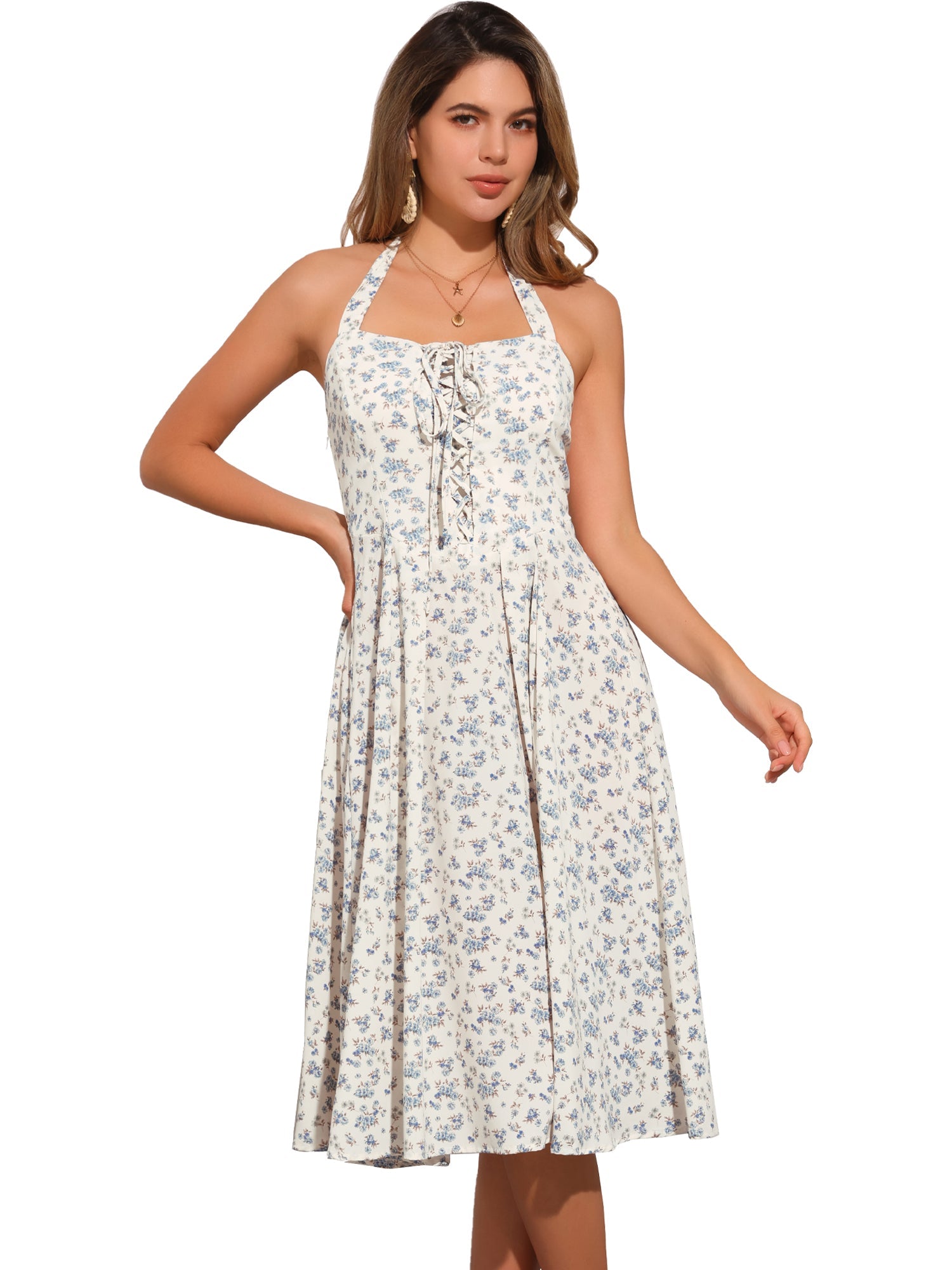 Halter Neck Floral Summer Sundress Sleeveless Lace Up Midi Dress