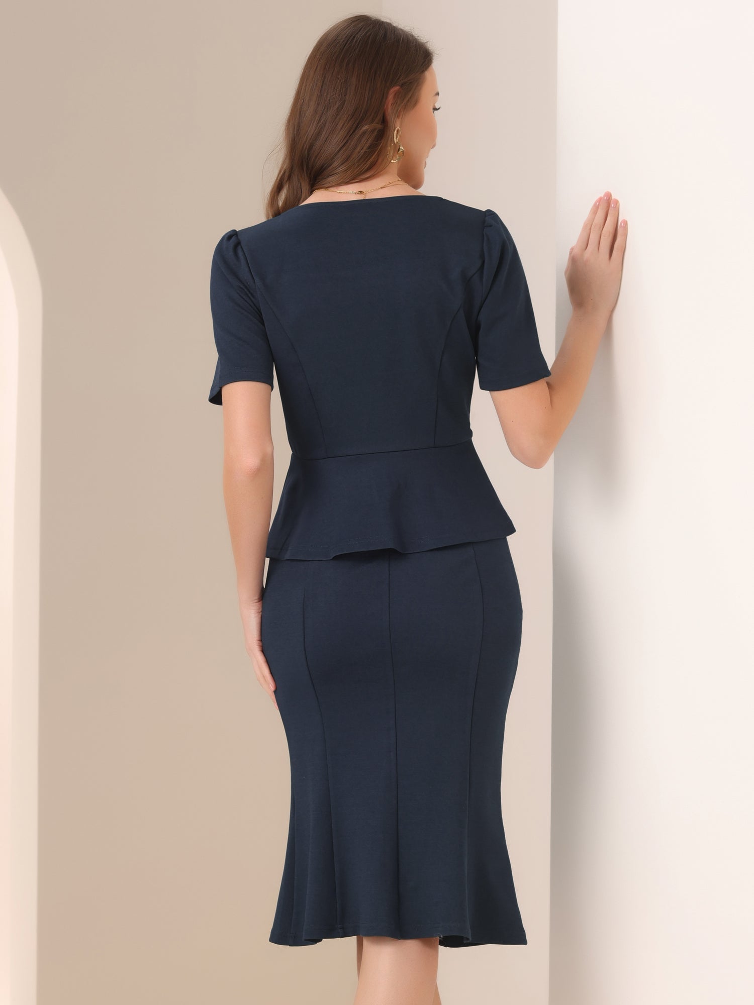 2PCS Square Neck Peplum Blouse Fishtail Bodycon Skirt Business Set