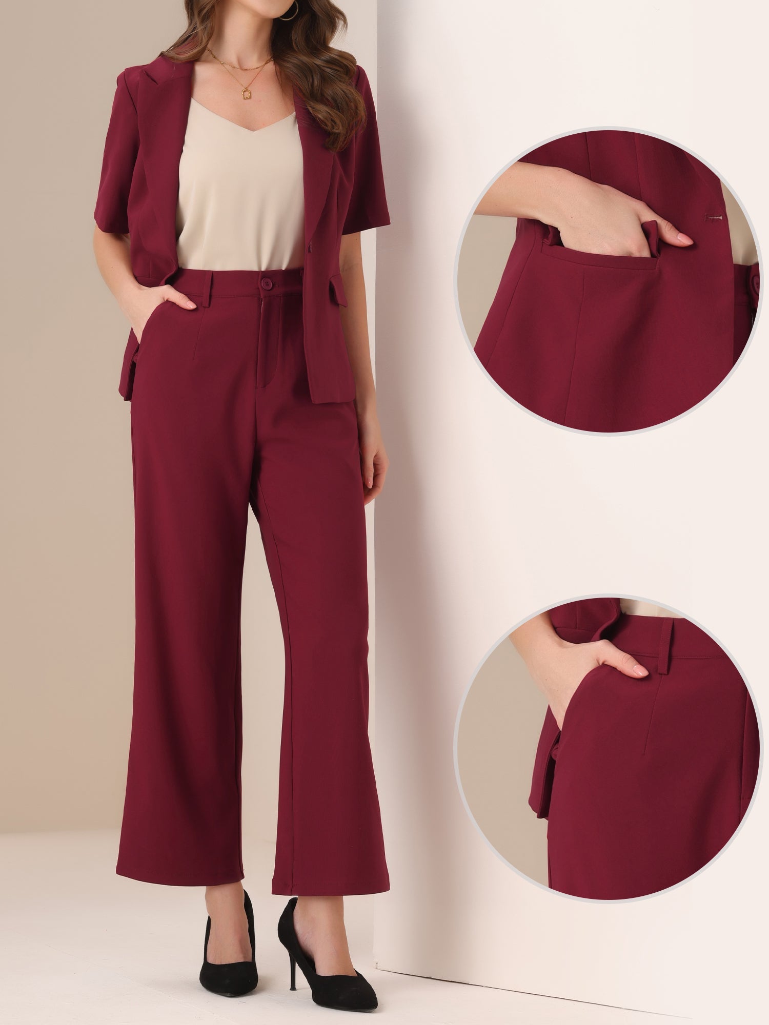 2 Pieces One Button Short Sleeve Blazer Jacket and Suit Pants Office Suit Set
