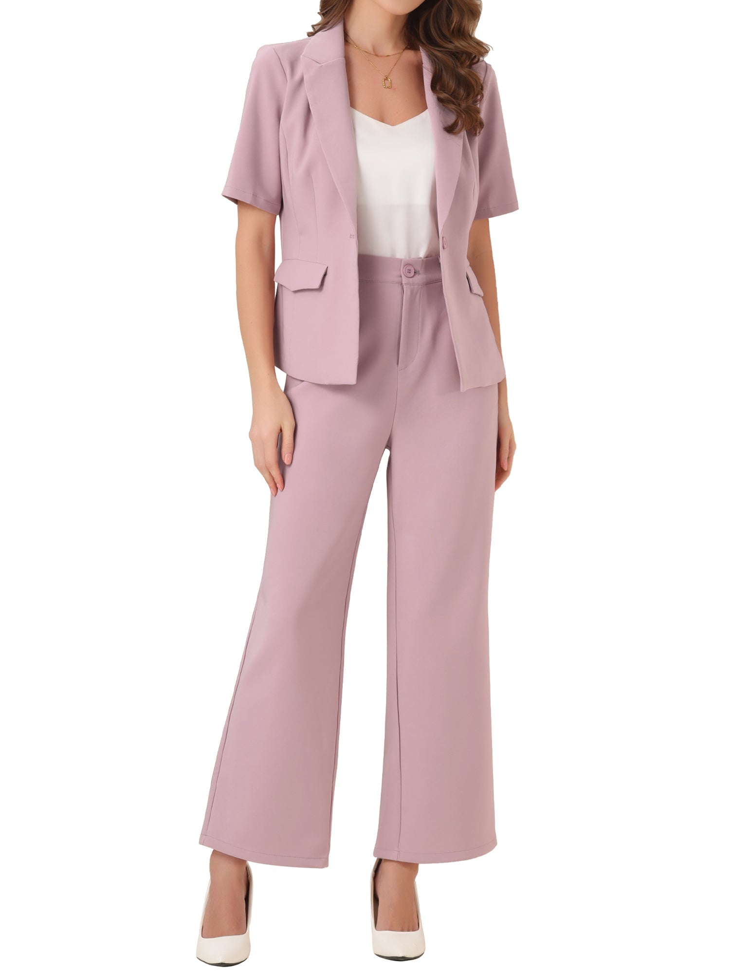 2 Pieces One Button Short Sleeve Blazer Jacket and Suit Pants Office Suit Set