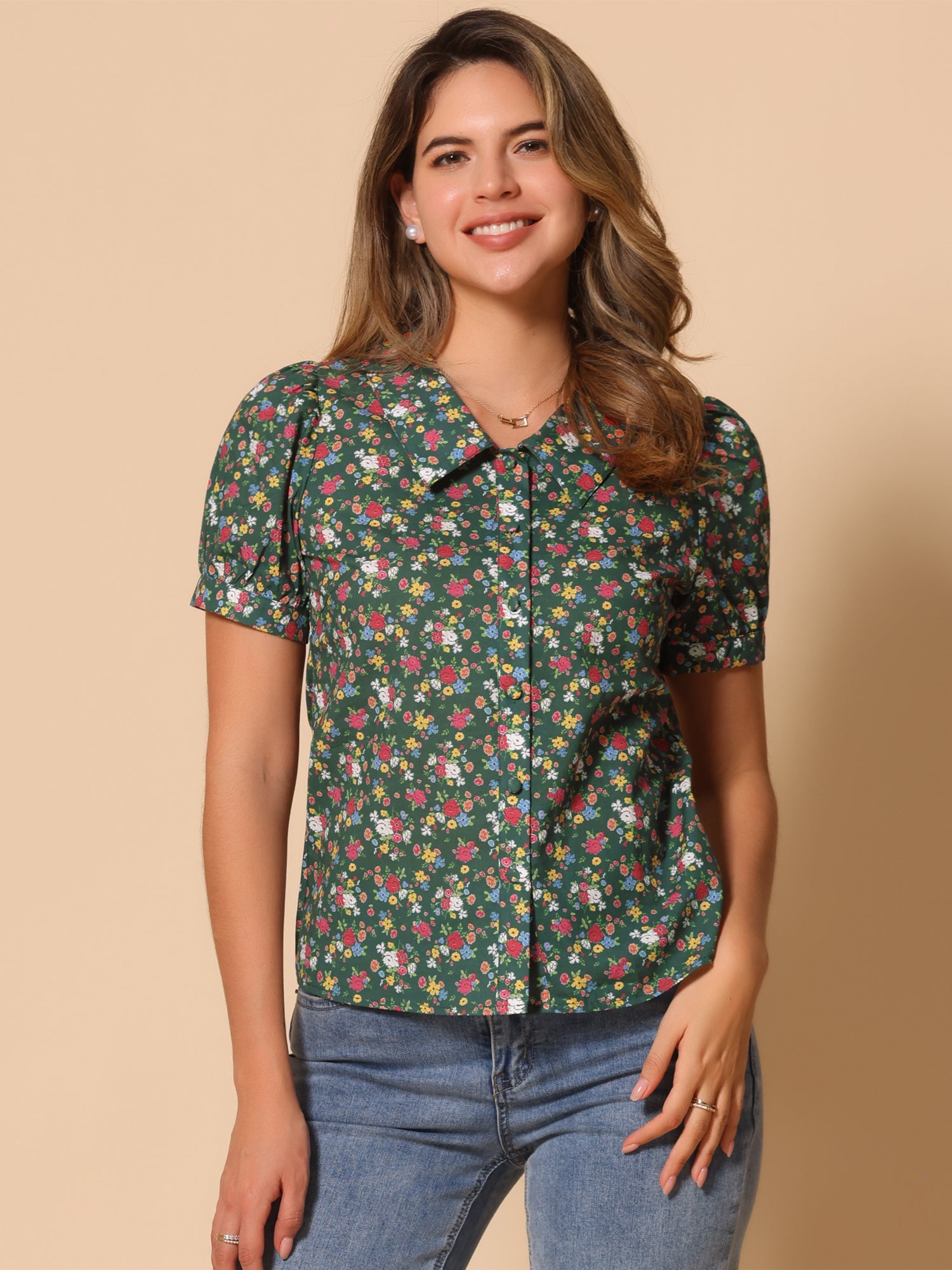 Puff Sleeve Shirt Point Collar Top Button Down Floral Blouse