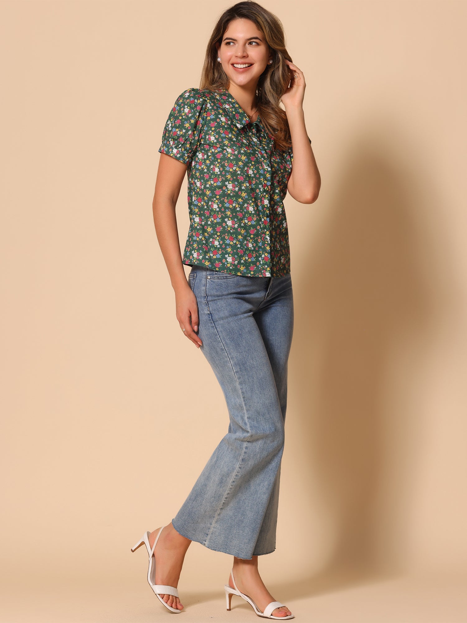 Puff Sleeve Shirt Point Collar Top Button Down Floral Blouse