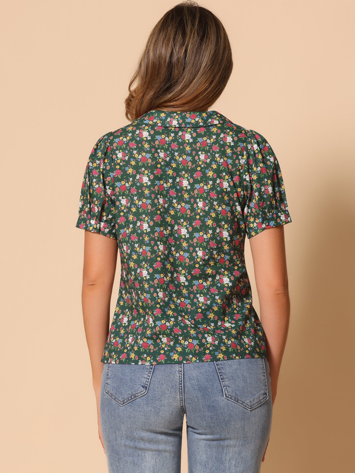 Puff Sleeve Shirt Point Collar Top Button Down Floral Blouse