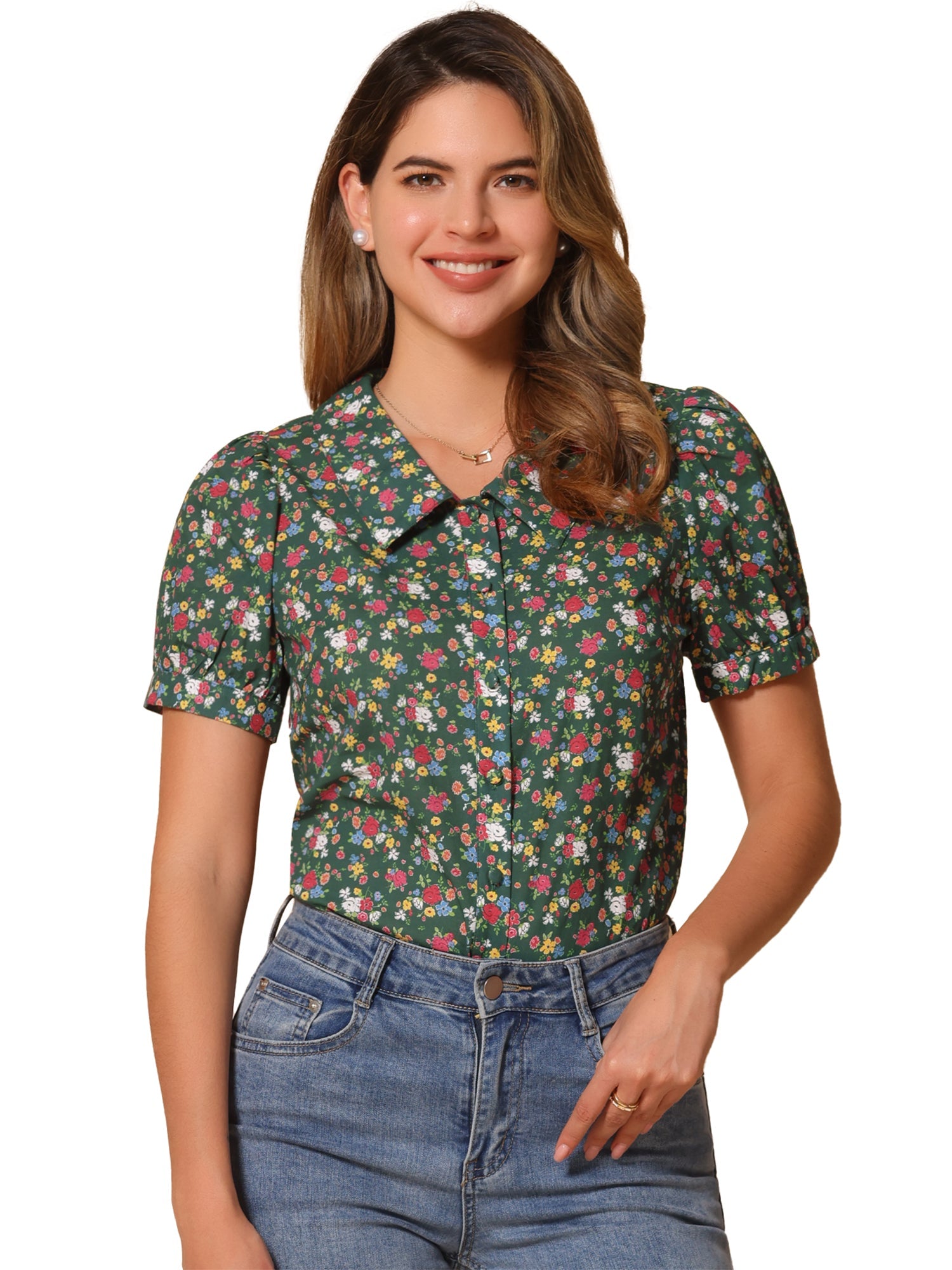 Puff Sleeve Shirt Point Collar Top Button Down Floral Blouse