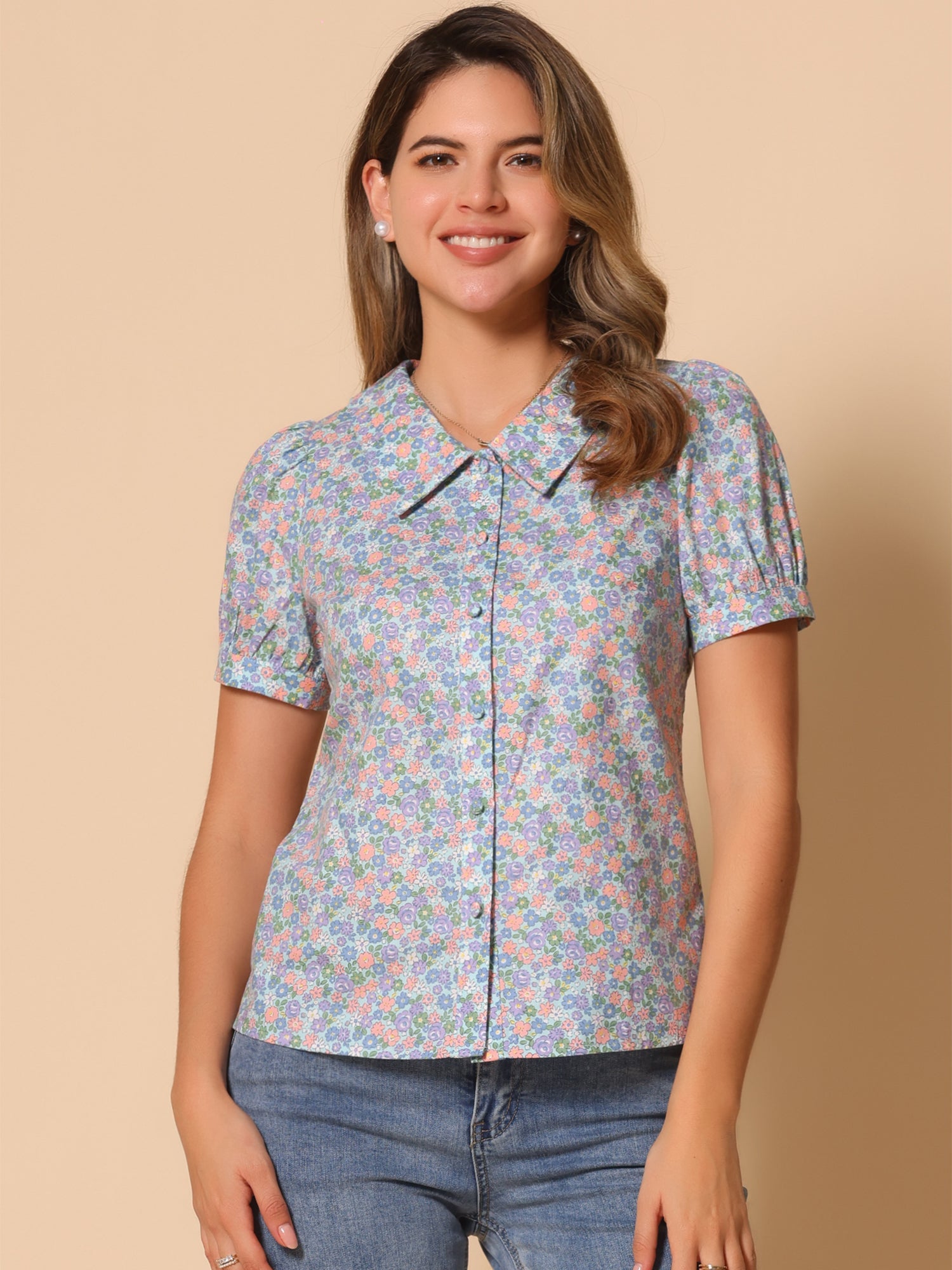 Puff Sleeve Shirt Point Collar Top Button Down Floral Blouse
