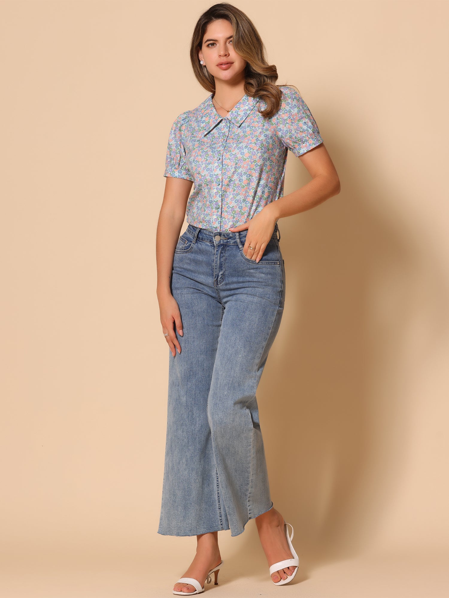 Puff Sleeve Shirt Point Collar Top Button Down Floral Blouse