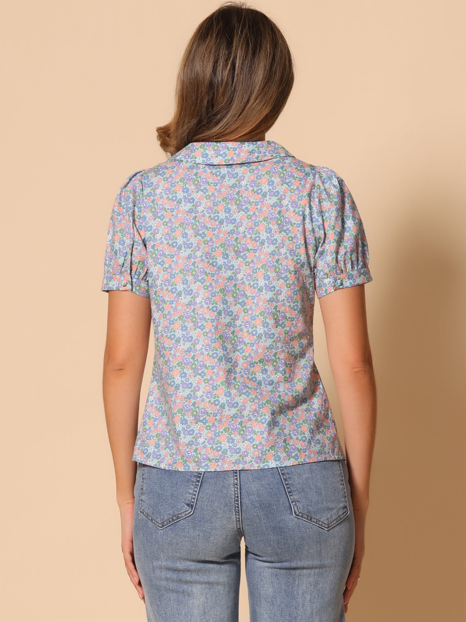 Puff Sleeve Shirt Point Collar Top Button Down Floral Blouse