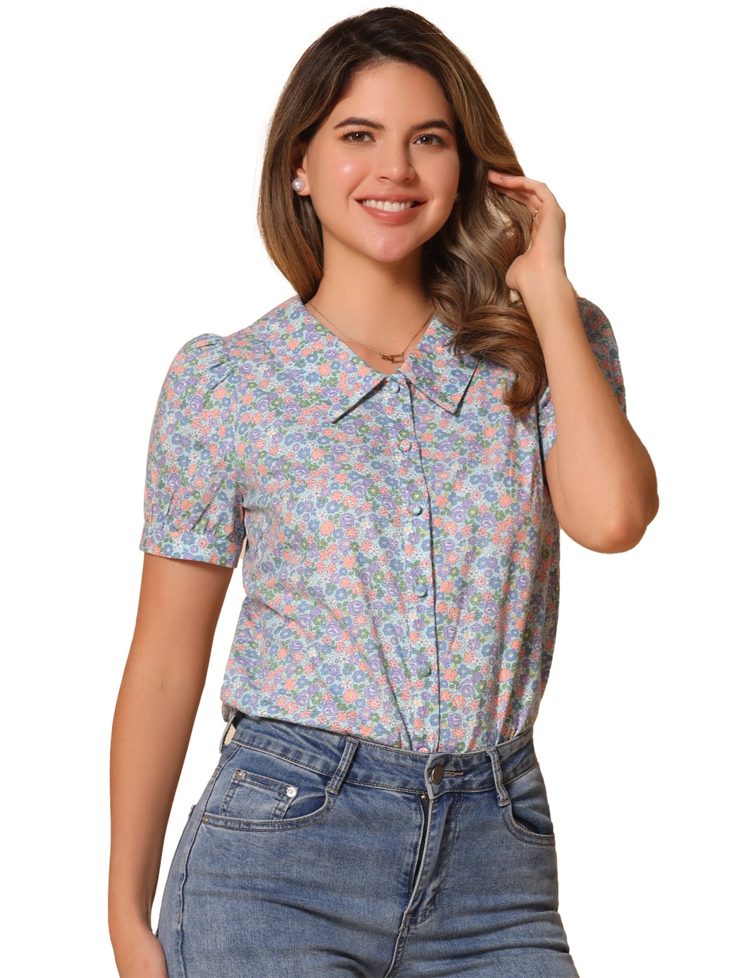 Puff Sleeve Shirt Point Collar Top Button Down Floral Blouse