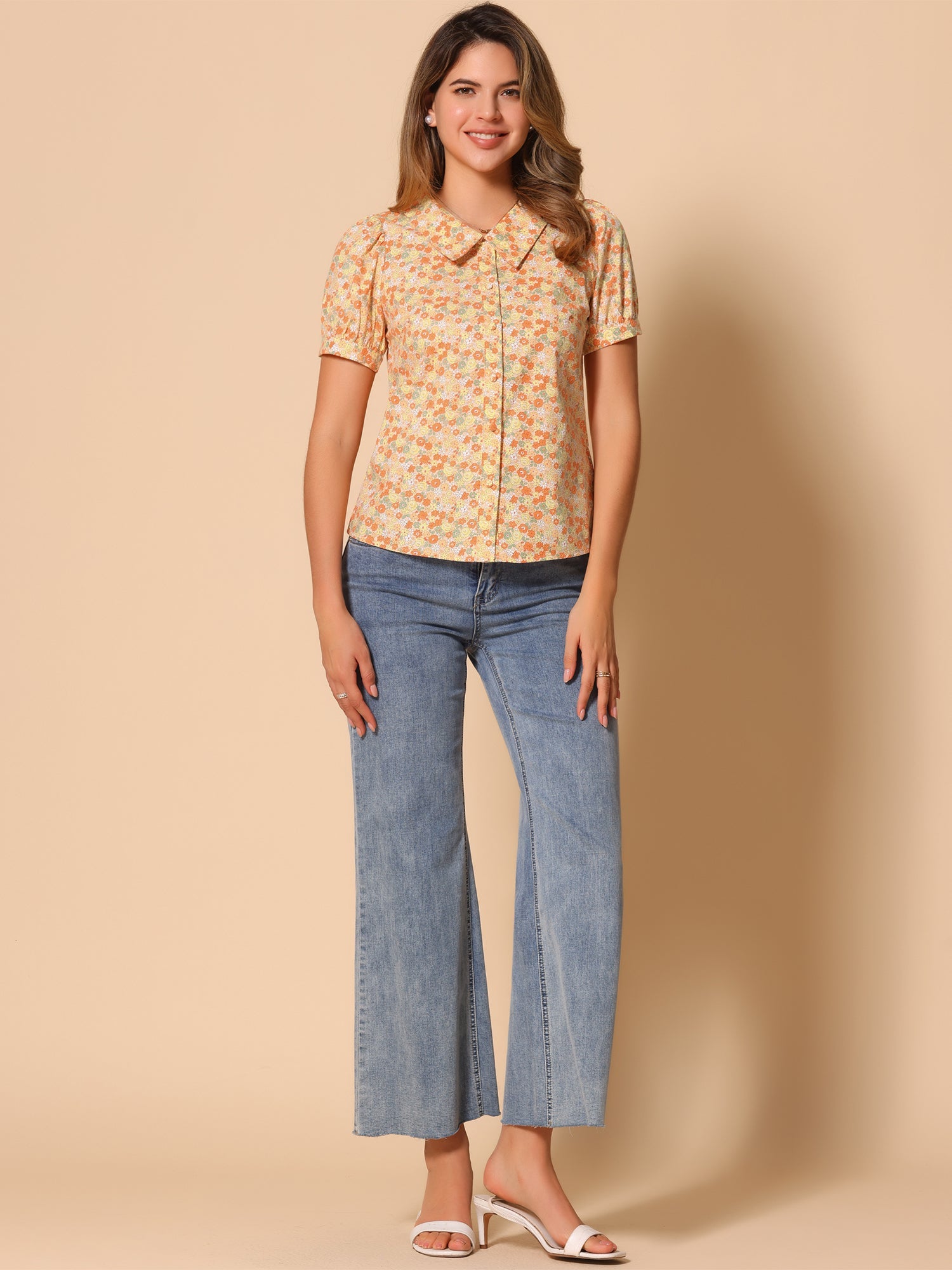 Puff Sleeve Shirt Point Collar Top Button Down Floral Blouse