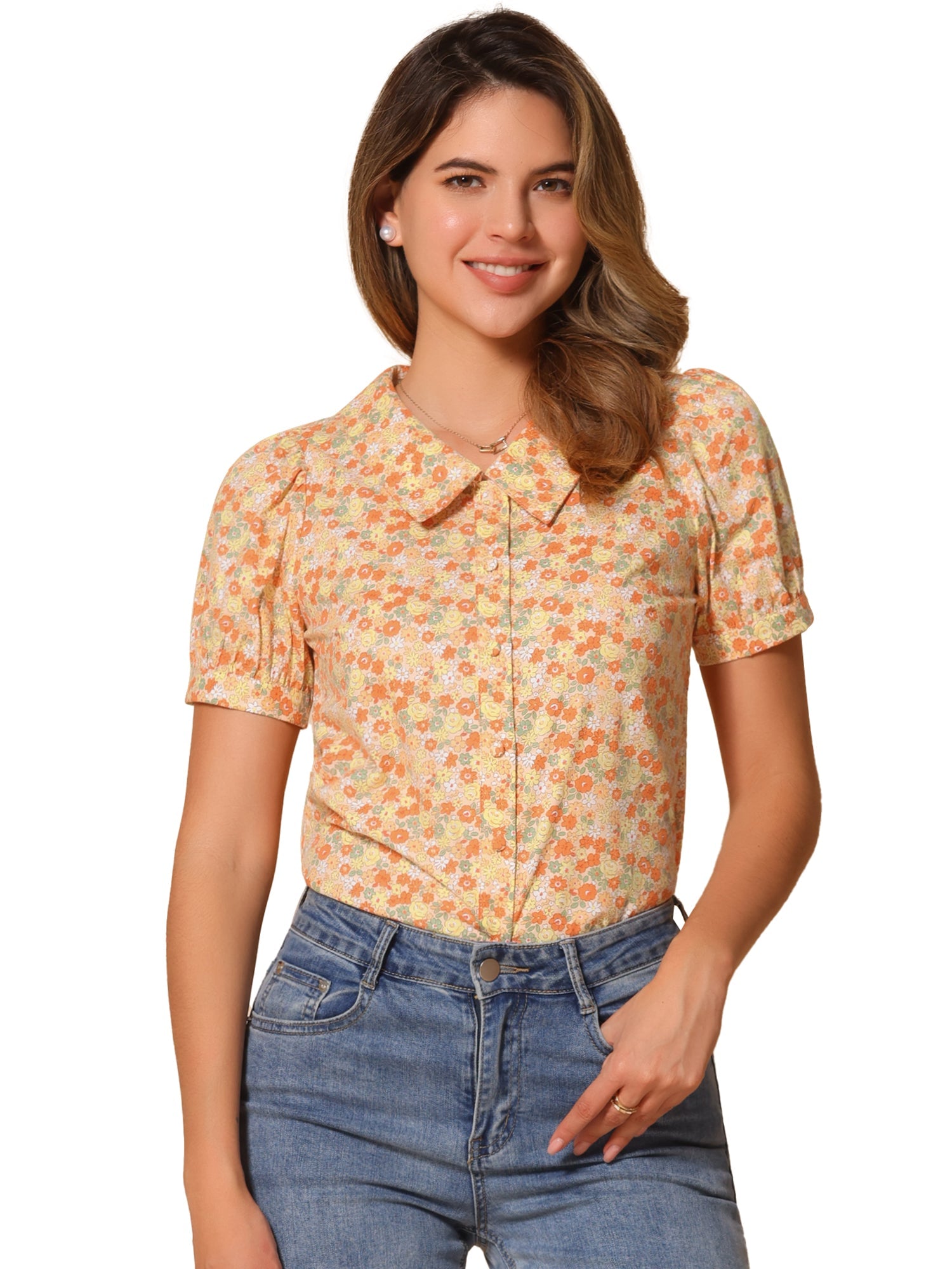 Puff Sleeve Shirt Point Collar Top Button Down Floral Blouse
