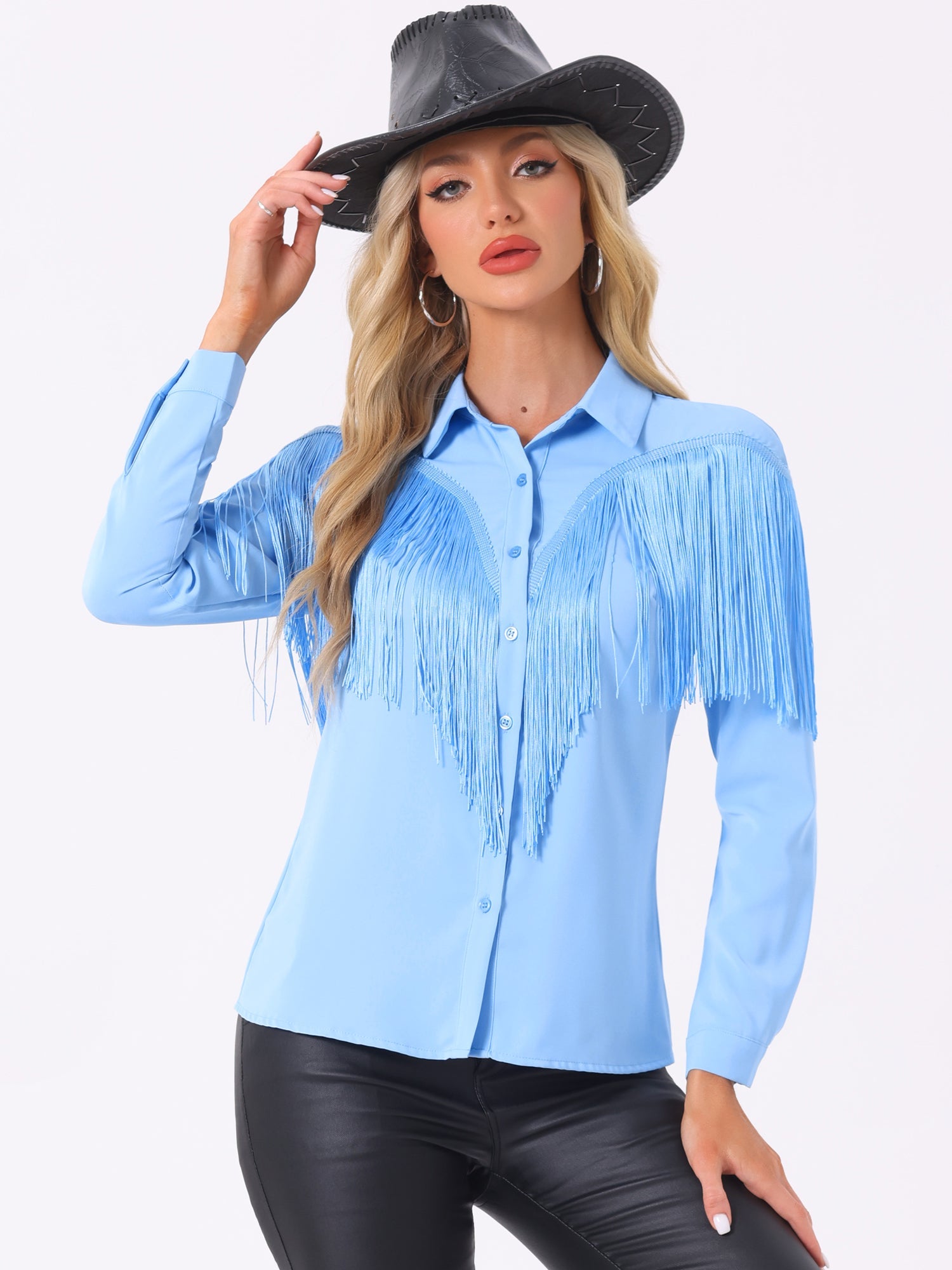 Glitter Fringe Long Sleeve Button Down Disco Party Cowgirl Blouse