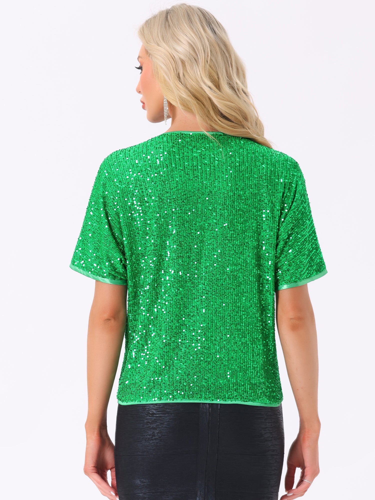 Sequin Top Round Neck Short Sleeve Party Clubwear Blouse