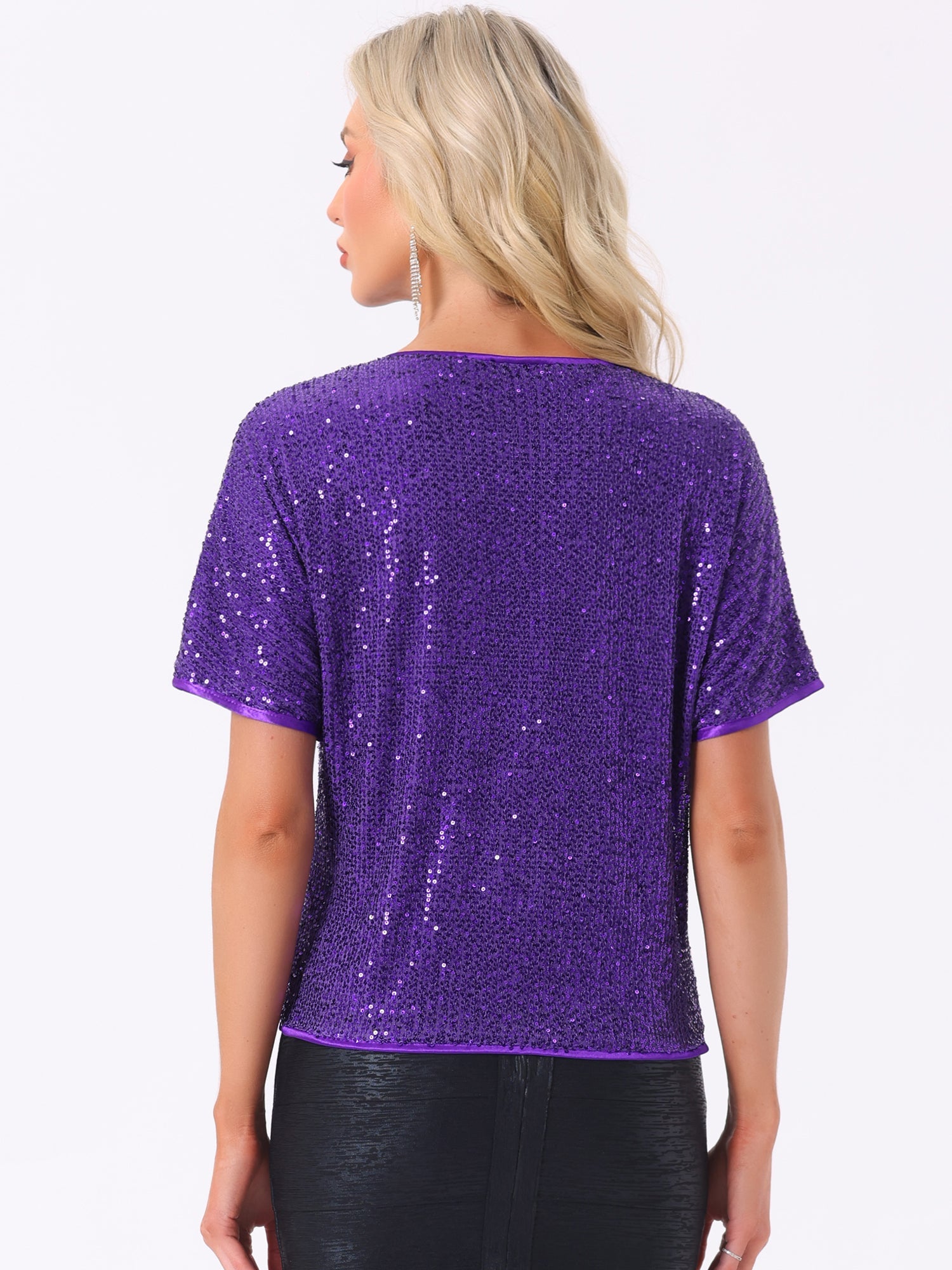 Sequin Top Round Neck Short Sleeve Party Clubwear Blouse