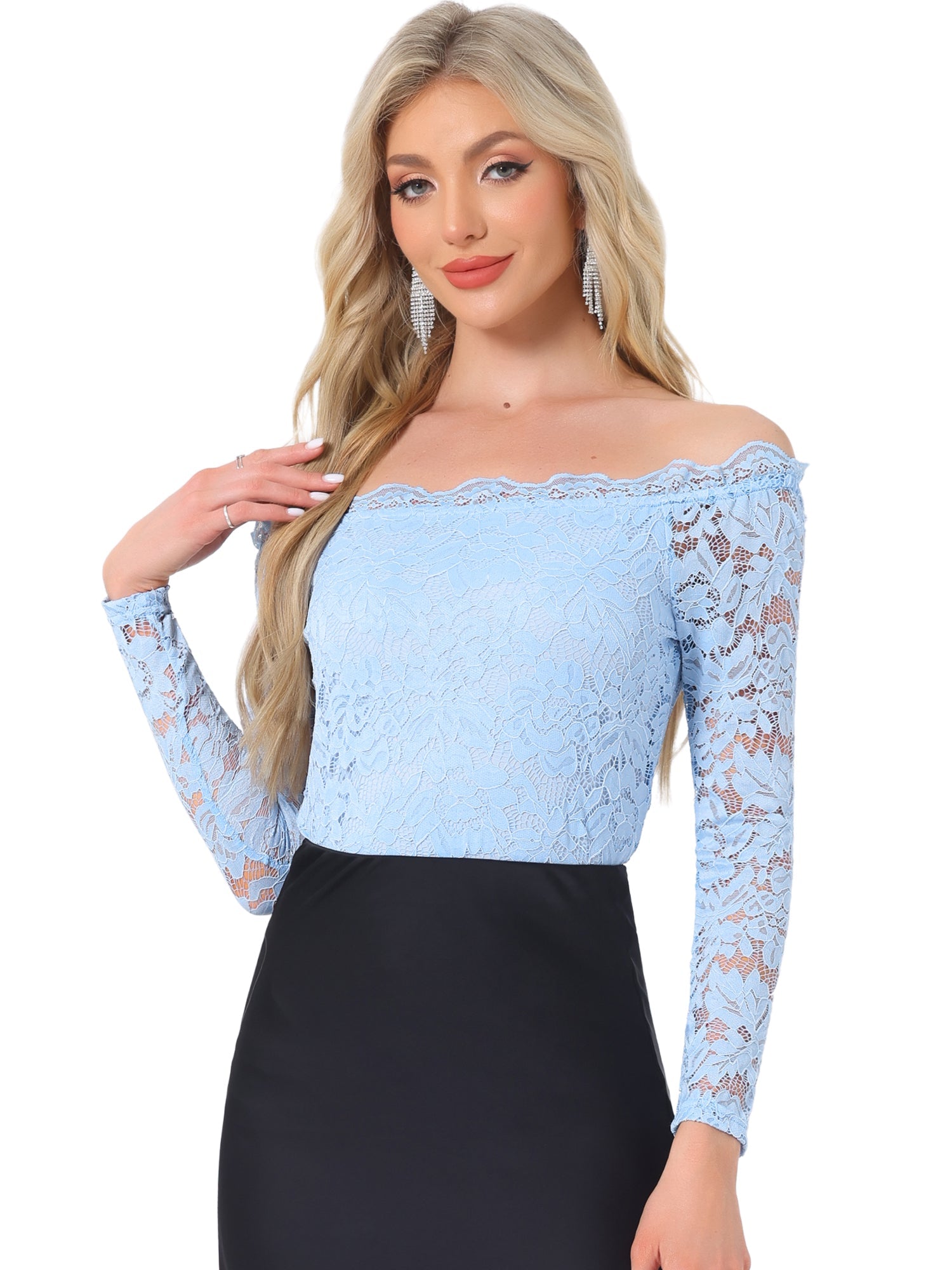 Off Shoulder Floral Lace Top Sheer Long Sleeves Casual Blouse