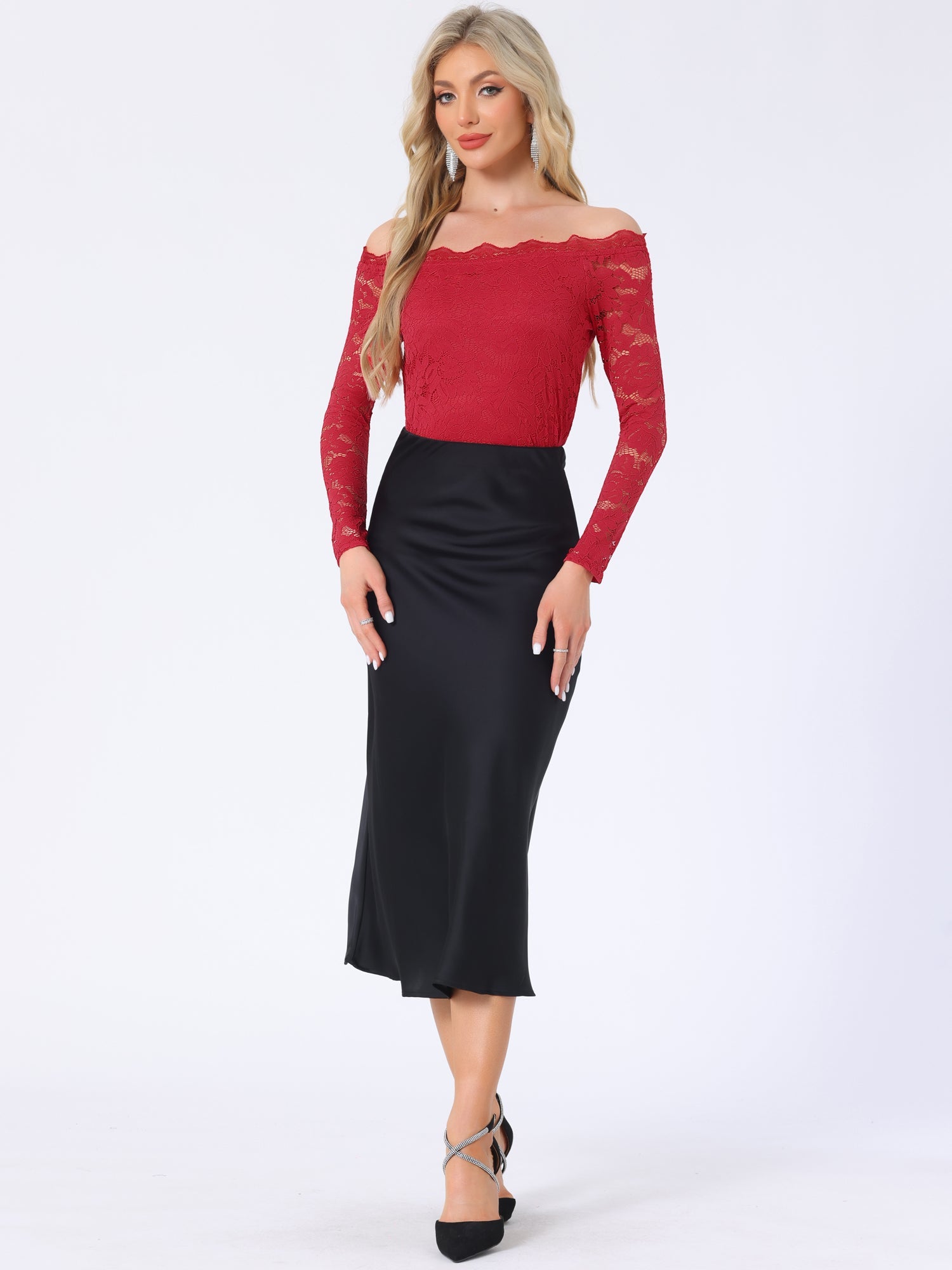 Off Shoulder Floral Lace Top Sheer Long Sleeves Casual Blouse