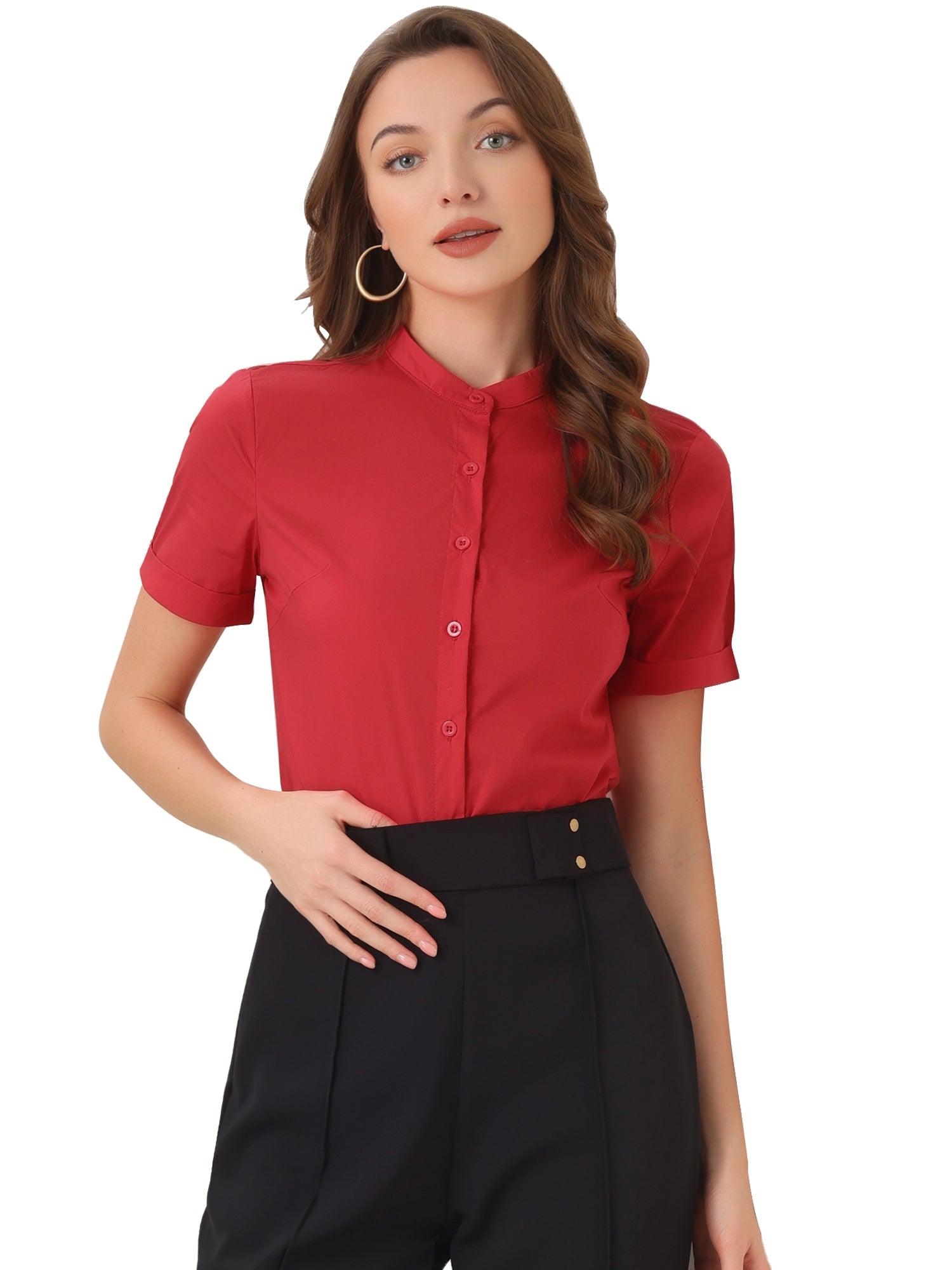 Button Down Stand Collar Short Sleeve Office Work Shirt Bodysuits