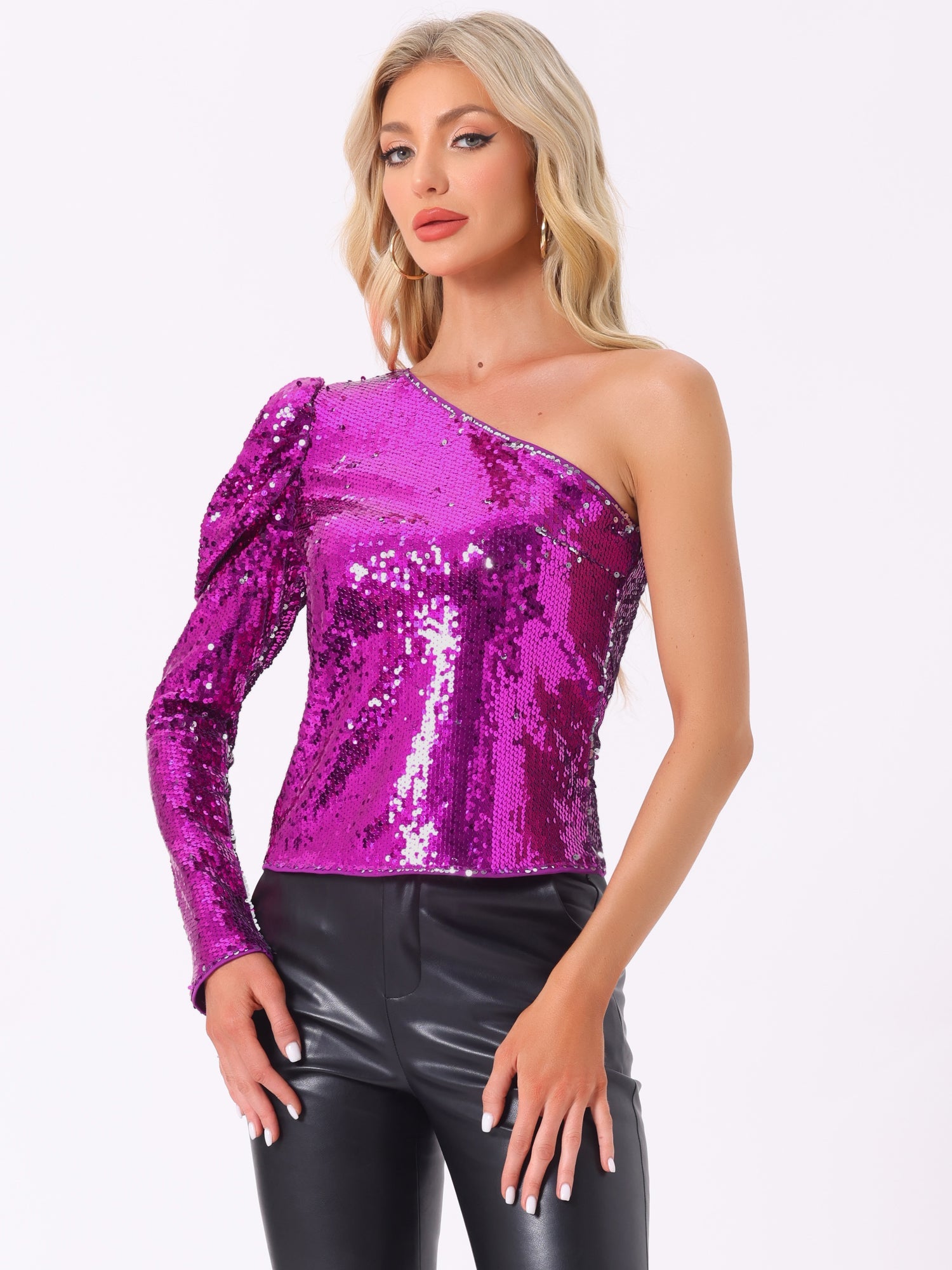 Sparkly Sequin One Shoulder Puff Long Sleeve Shimmer Tops