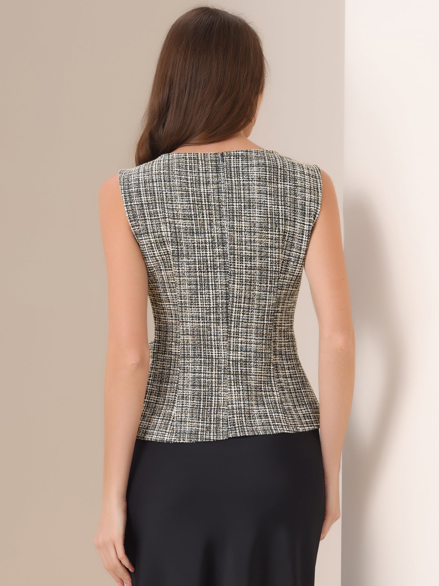 Tweed Plaid Sleeveless Crew Neck Buckle Decor Blouse